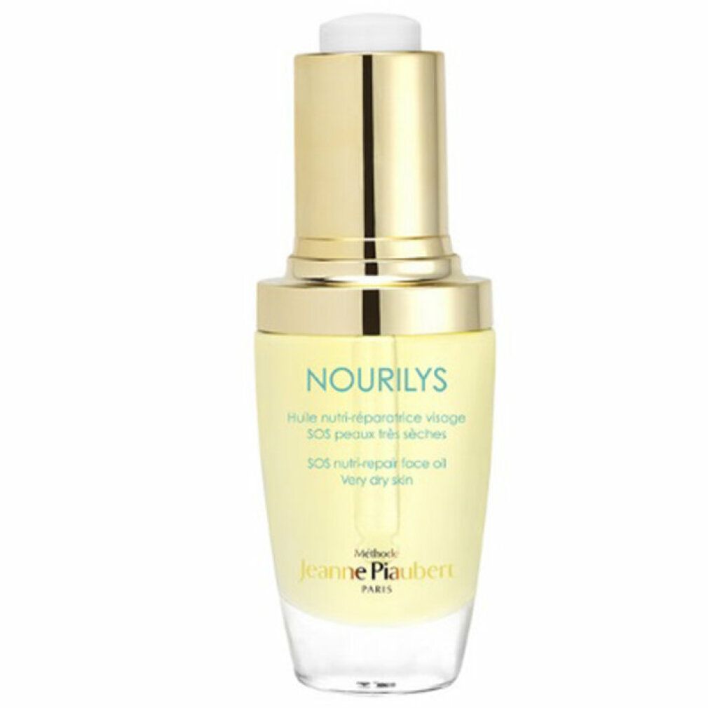 Flacone di olio per il viso con tappo dorato e contagocce bianco. Scritta: NOURILYS, SOS nutri-repair face oil.
