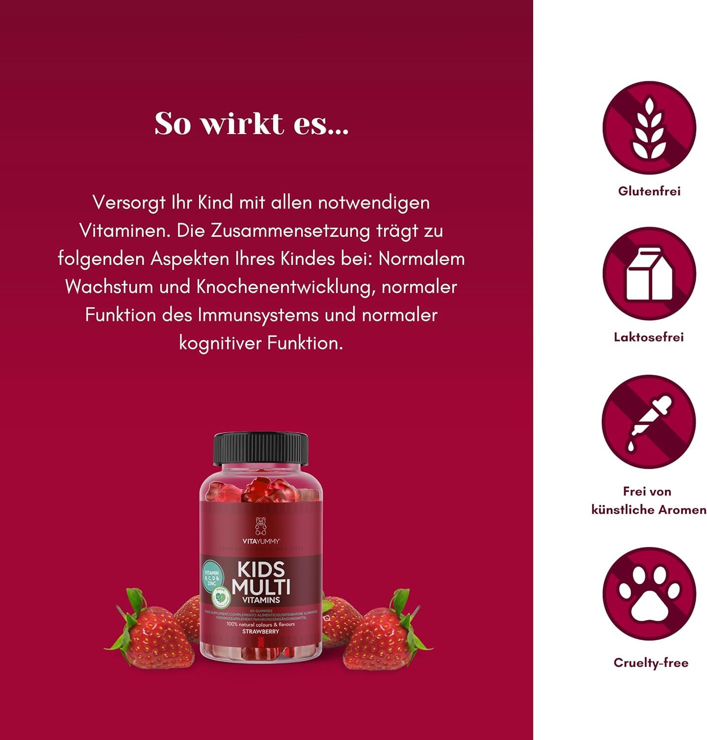 Bottiglia di orsetti gommosi rossi. Scritta: KIDS MULTI VITAMINS. Senza glutine, senza lattosio, senza aromi artificiali, cruelty-free. Fragole.