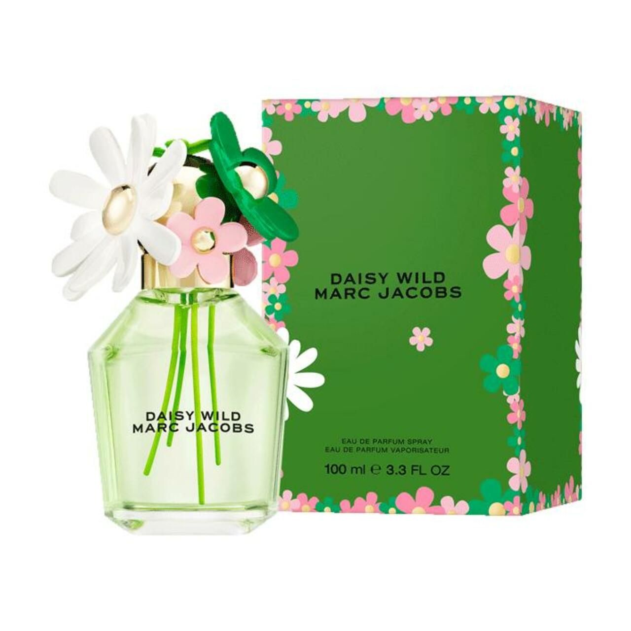 Flacone di profumo con decorazione floreale e confezione. Flacone con liquido verdognolo. Confezione verde con motivo floreale. Scritta: Daisy Wild Marc Jacobs.