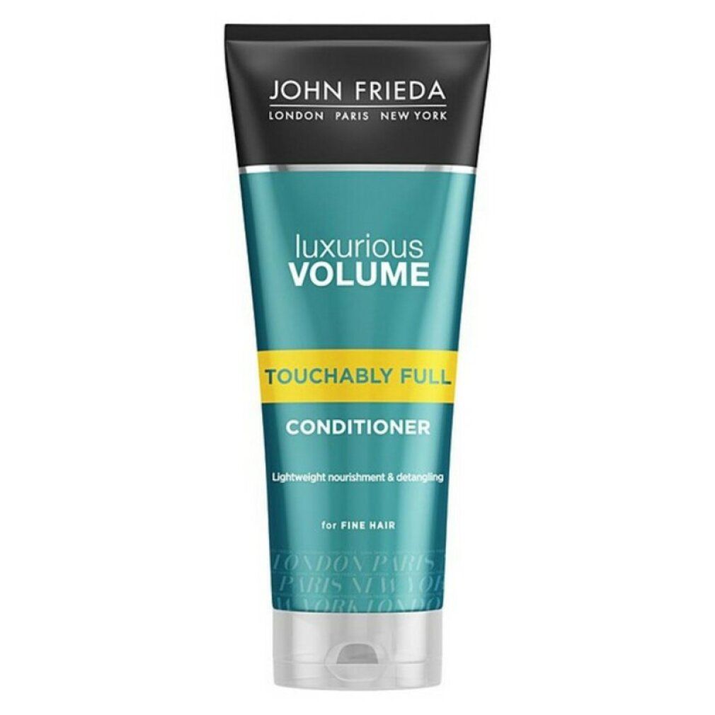 Tubo di balsamo John Frieda. Volume lussuoso, Touchably Full. Per capelli fini. Design verde e bianco, tappo nero.