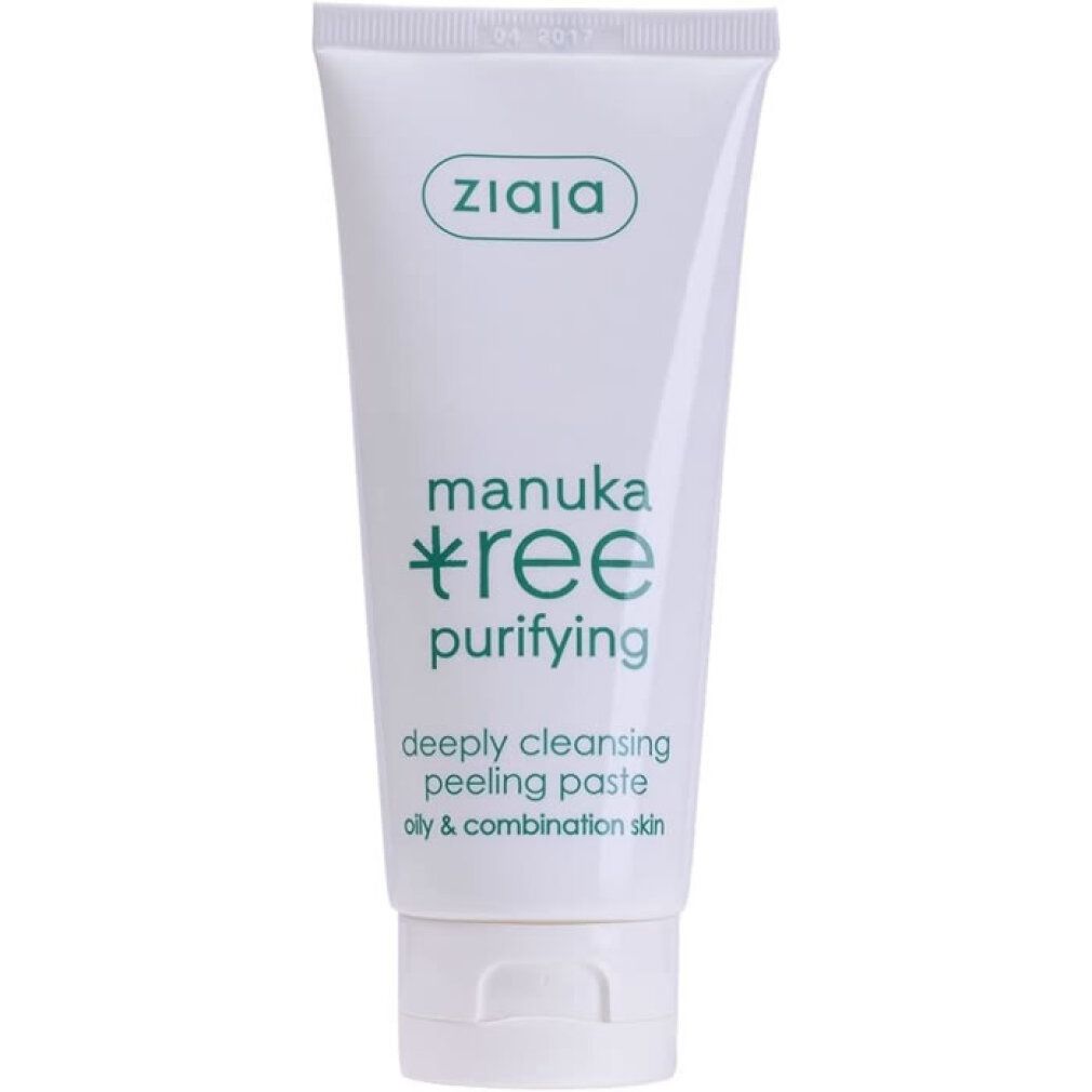 Tubo bianco con stampa verde. Scritta: Ziaja, manuka tree purifying, deeply cleansing peeling paste, oily & combination skin.