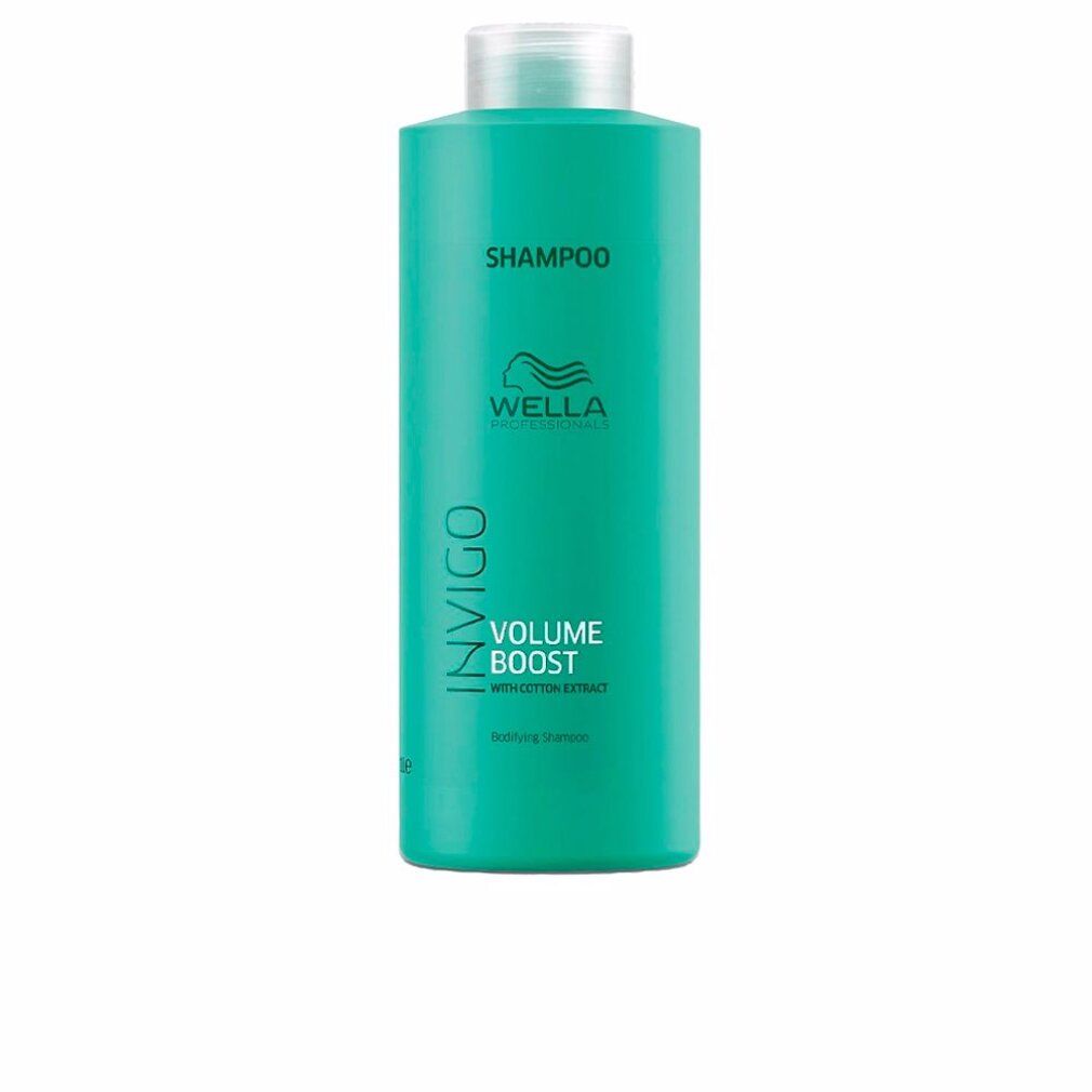 Flacone di shampoo turchese con tappo bianco. Scritta: INVIGO, VOLUME BOOST, Wella. Estratto di cotone.