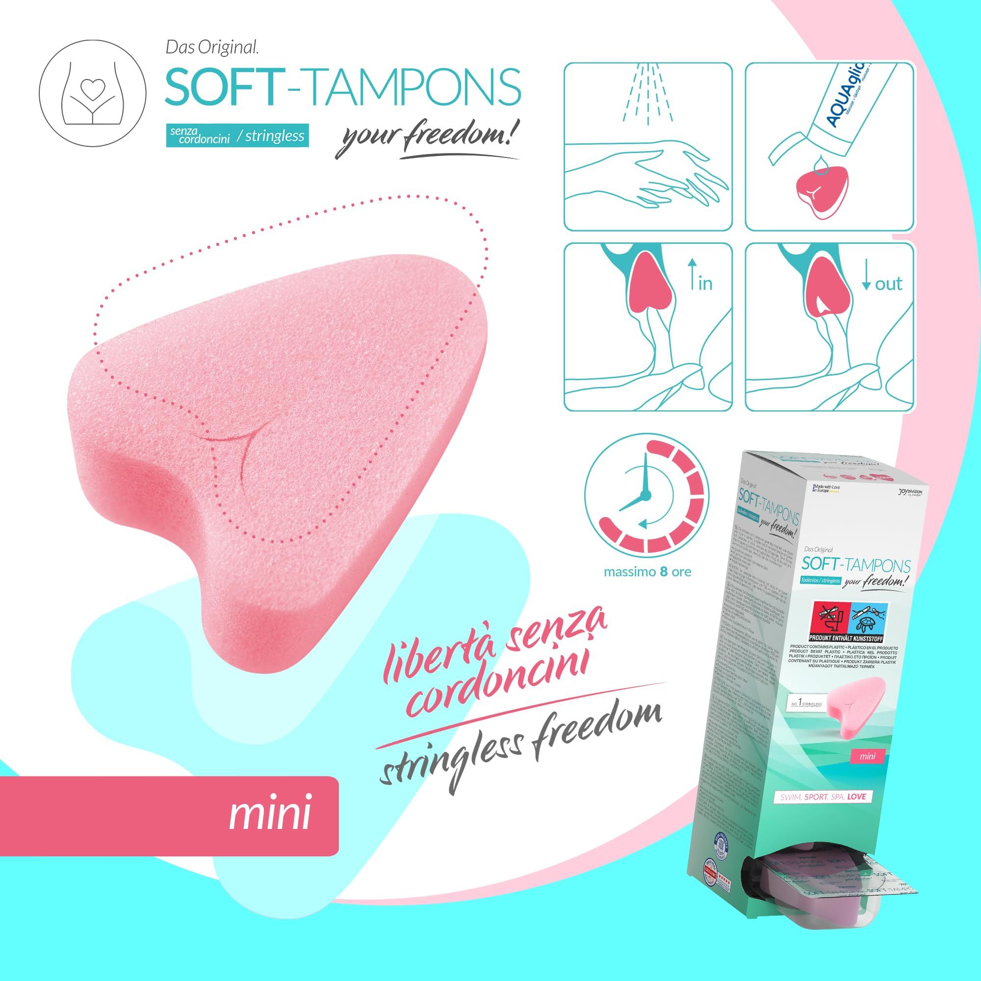 Confezione Soft Tampons mini, rosa, a forma di cuore. Donna attiva.