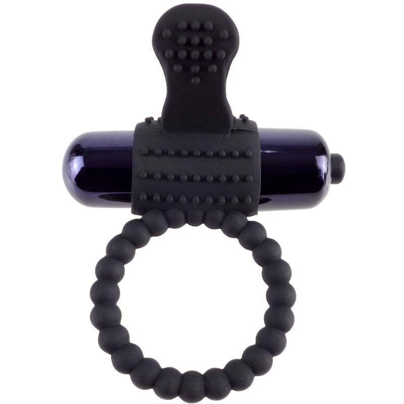 Anello vibrante nero con applicatore testurizzato e un cilindro liscio e scuro.