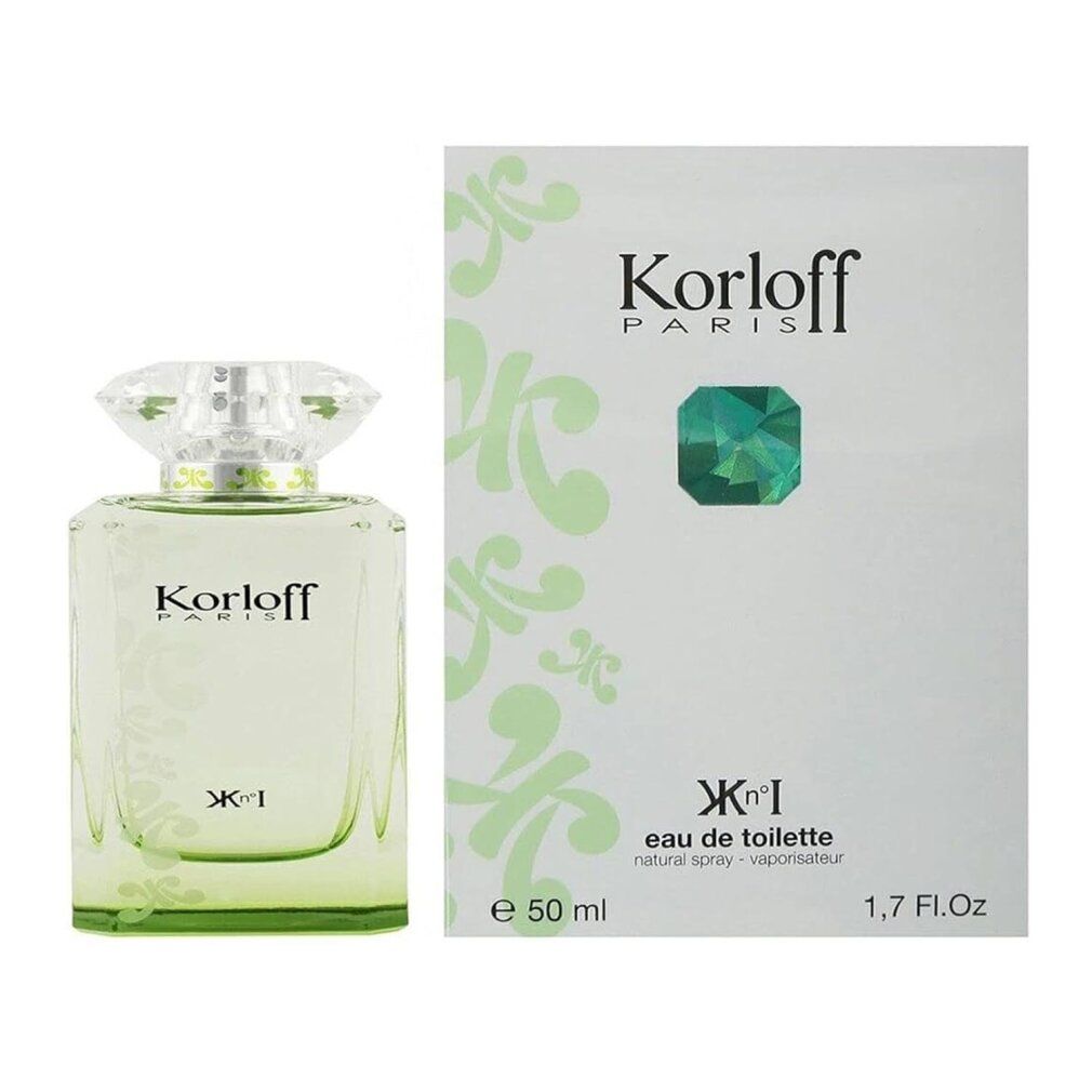 Korloff Paris Eau de Toilette Donna. Flacone e confezione. Liquido verdognolo, scatola bianca con logo e indicazione volume.