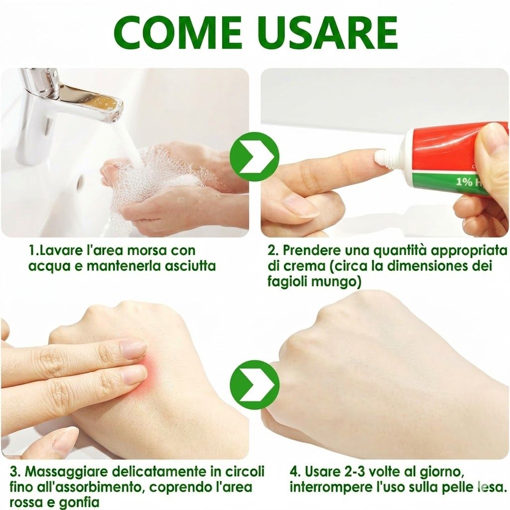 Istruzioni per l'uso. Lavare le mani, applicare la crema, massaggiare, usare 2-3 volte al giorno.