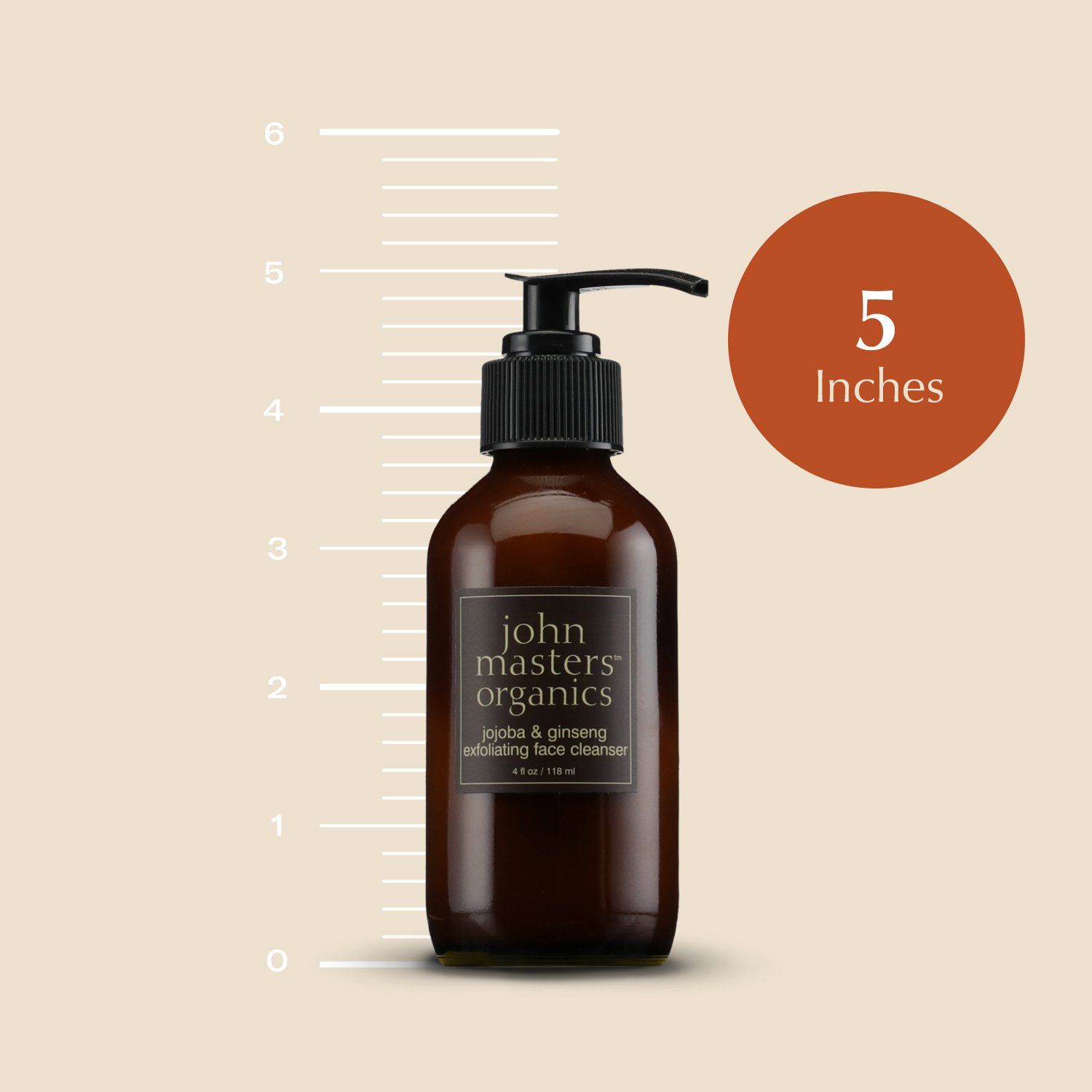 Flacone marrone con erogatore nero. Scritta: John Masters Organics. Accanto, un cerchio rosso con il numero 5 e una scala di misura.
