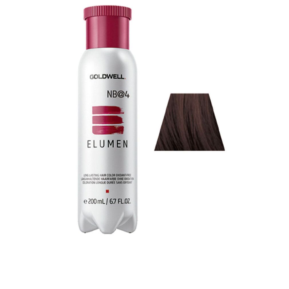 Flacone di tinta per capelli Goldwell ELUMEN NB@4. Campione di colore a destra. Testo: Colorazione a lunga durata senza ossidanti.