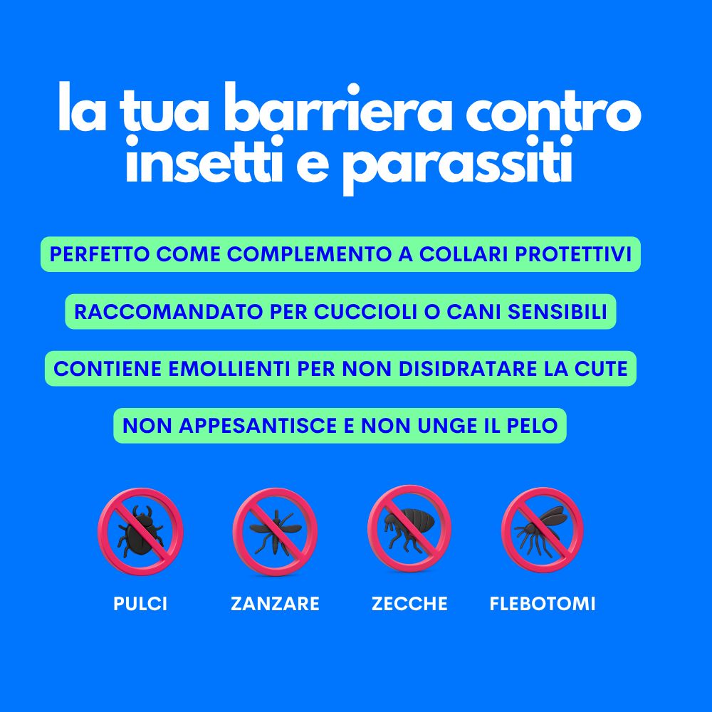 Sfondo blu con testo e simboli. Testo: Barriera contro insetti e parassiti. Simboli: pulci, zecche, zanzare, flebotomi.