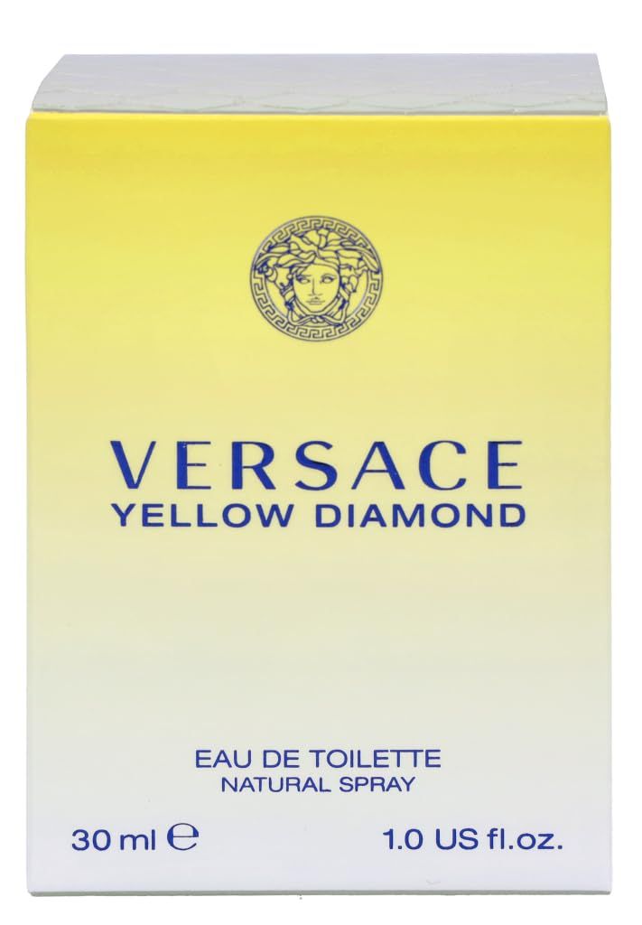 Confezione gialla Versace Yellow Diamond. Scritta: Versace, Yellow Diamond, Eau de Toilette, 30 ml, 1.0 US fl.oz.