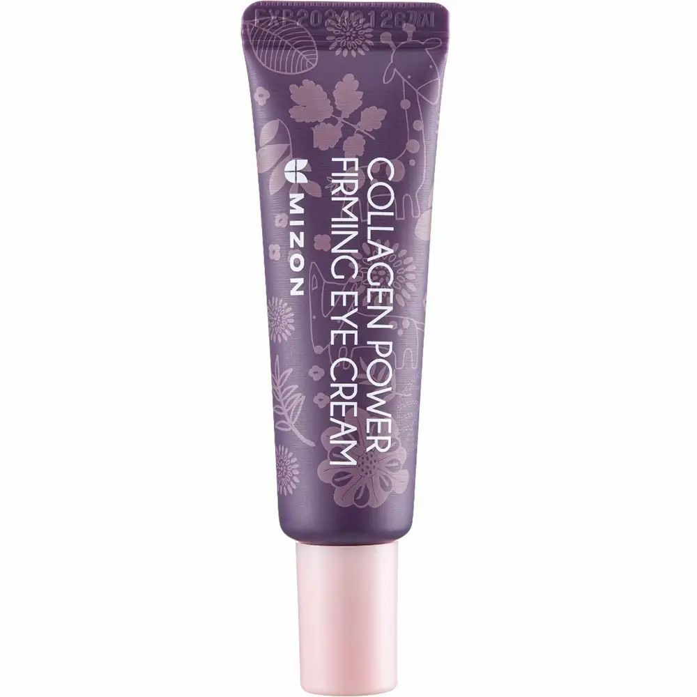 Tubo viola MIZON Collagen Power Firming Eye Cream. Tappo rosa. Testo: Collagen Power Firming Eye Cream. Motivi floreali.