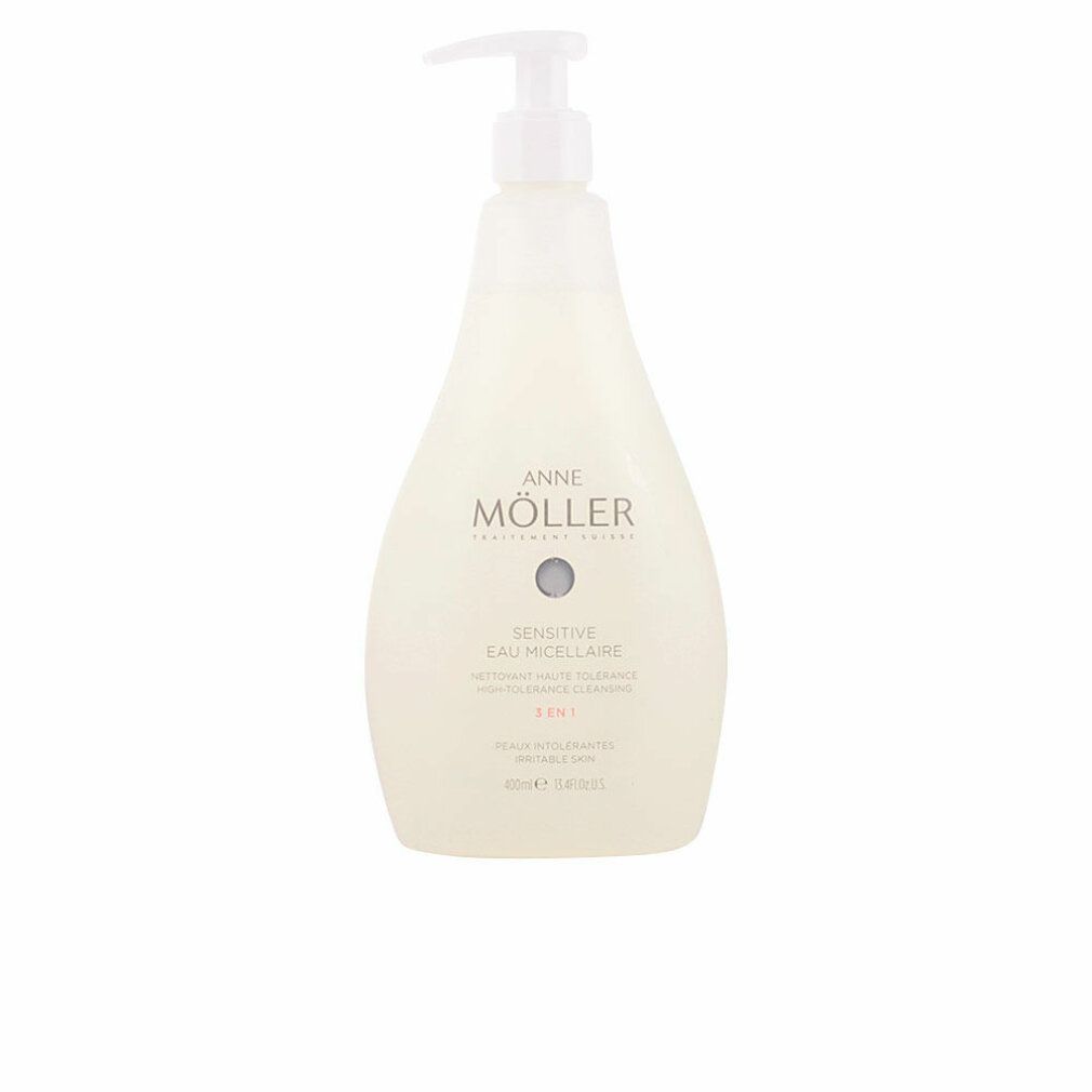 Flacone bianco con dosatore. Scritta: ANNE MÖLLER, Sensitive Eau Micellaire 3 en 1. Forma arrotondata. 400ml.