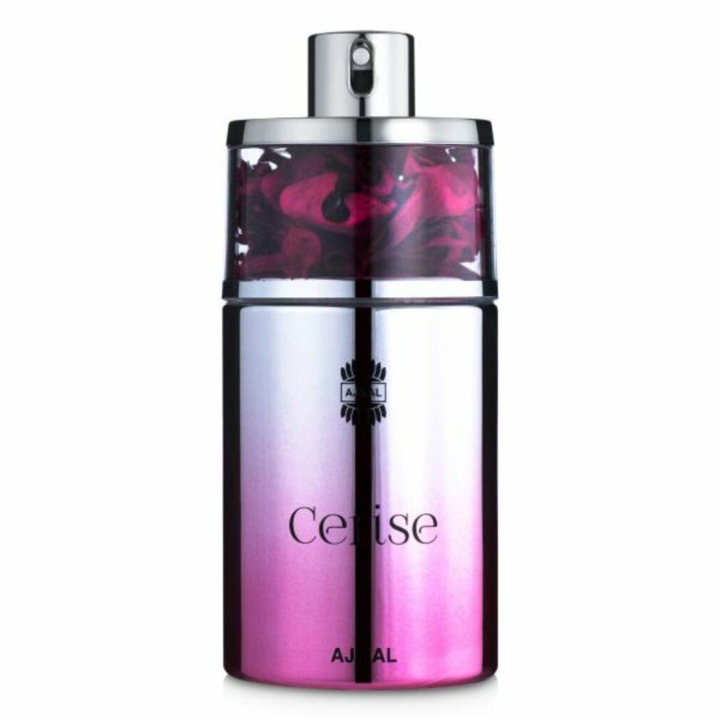 Flacone di profumo con tappo argentato e sfumatura rosa. La parte superiore contiene petali. Scritta: Cerise, Ajmal.