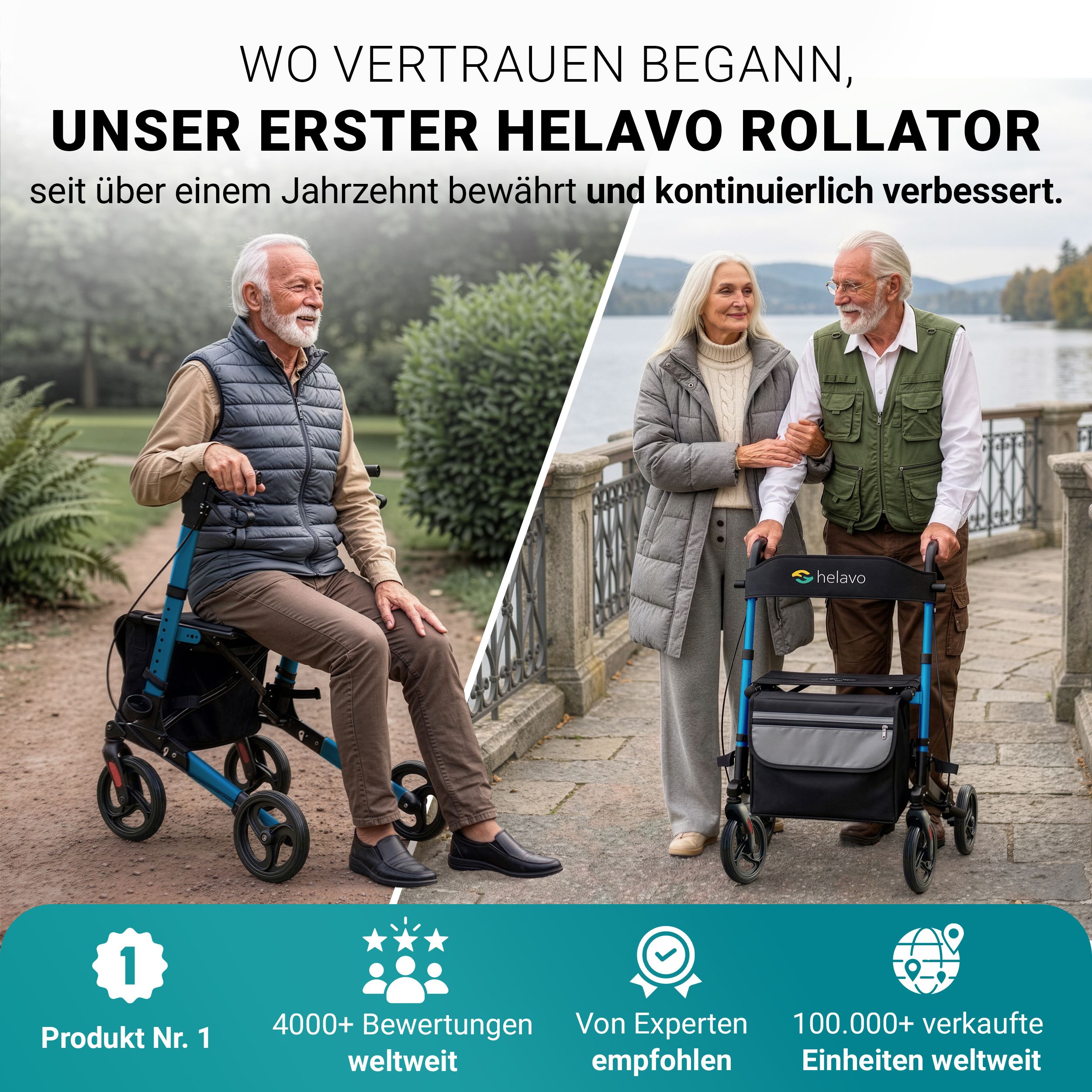 Due rollator Helavo all'aperto, uno con un uomo seduto, uno con una coppia che cammina.