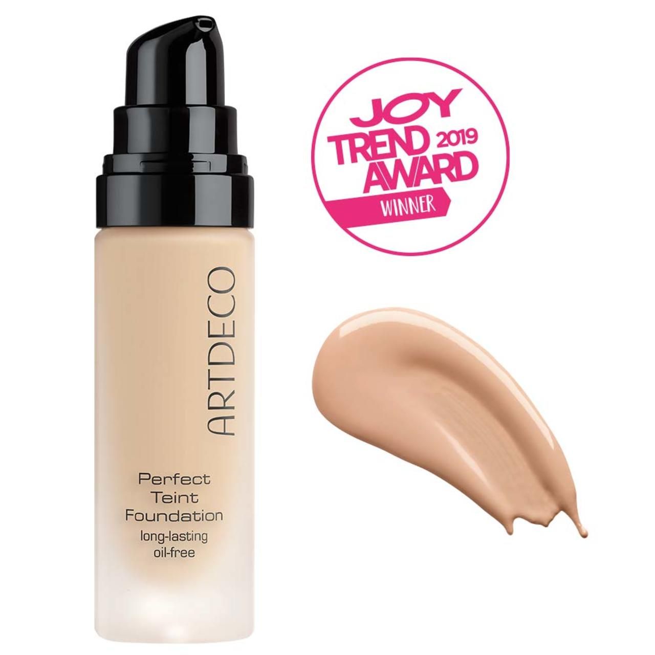 Flacone Artdeco Perfect Teint Foundation con dispenser e campione colore. Premio 'Joy Trend Award'.