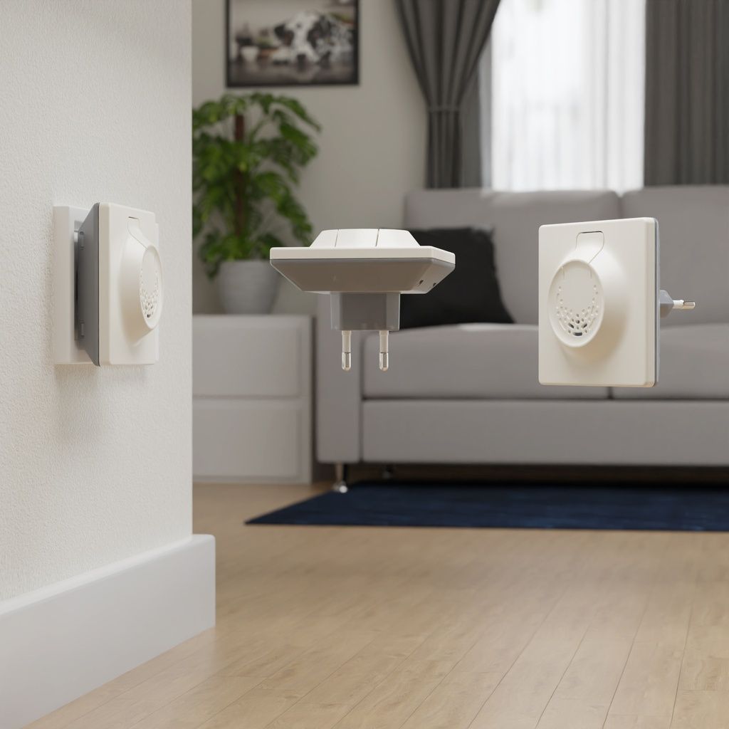 Diversi dispositivi anti-acaro sulla parete e nell'aria. Color crema, con spina.