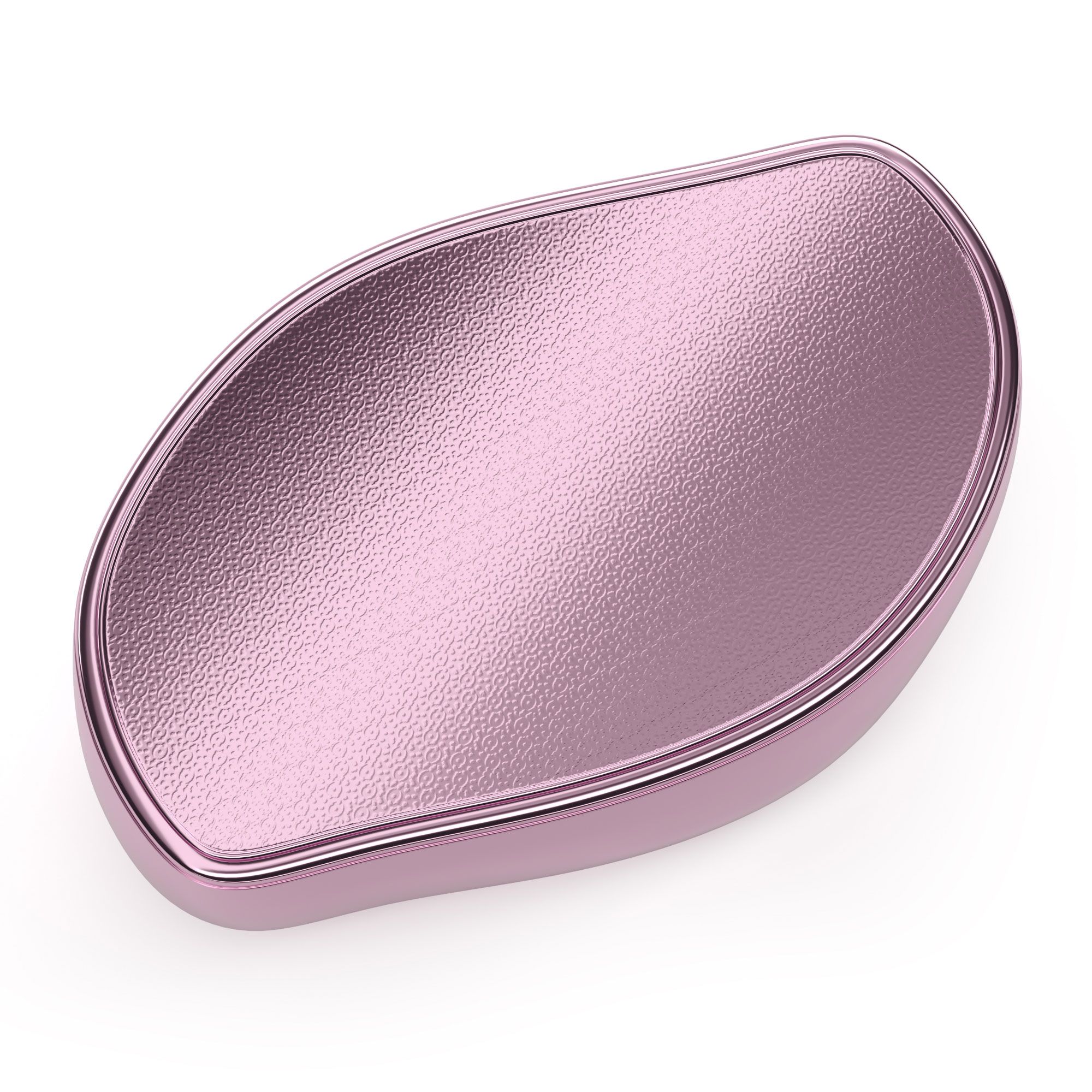 Esfoliante per piedi rosa. Forma ovale con superficie a coste. Cornice metallica rosa.