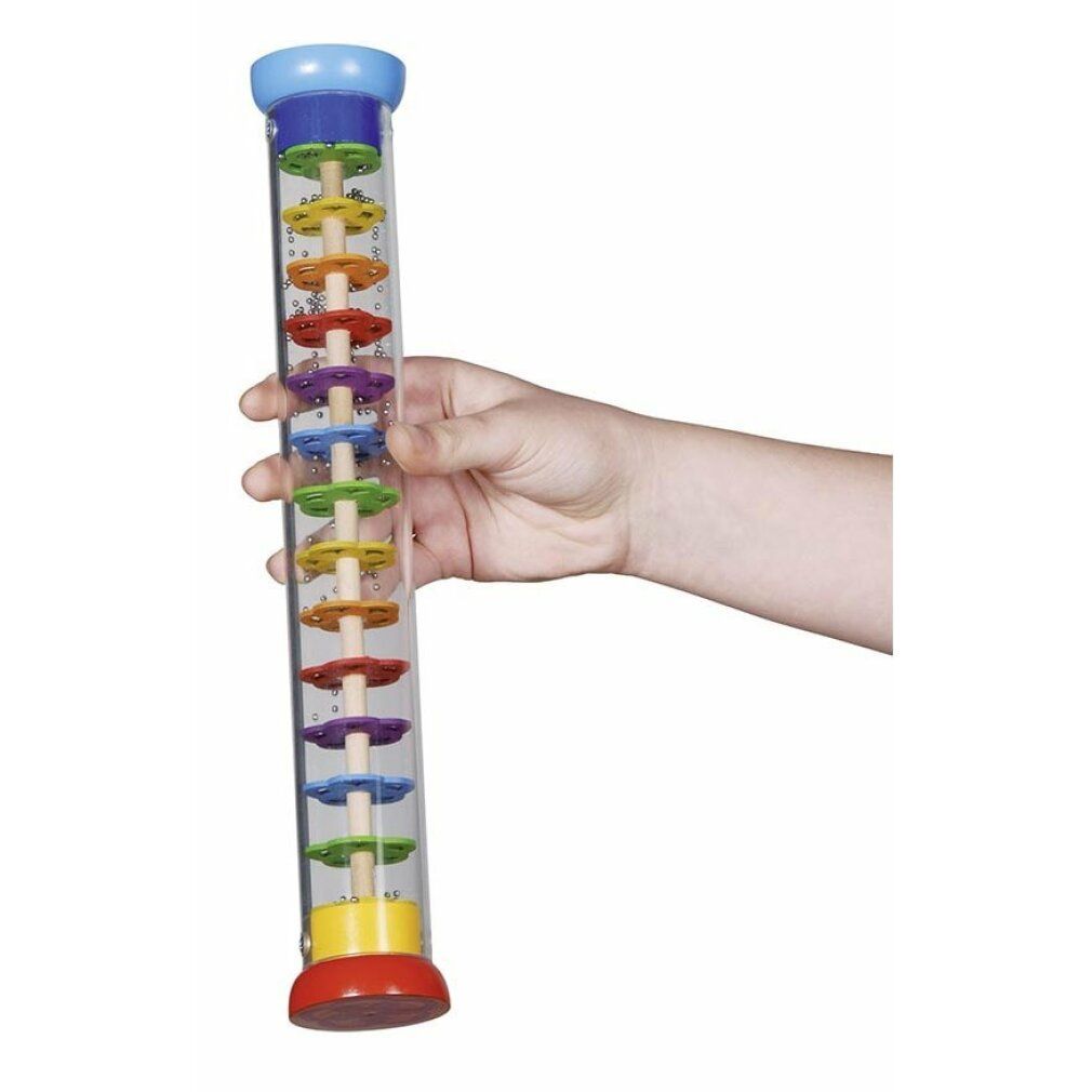 Bastone della pioggia tenuto in mano. Cilindro trasparente con elementi colorati. Estremità blu e rossa. Dischi multicolore.