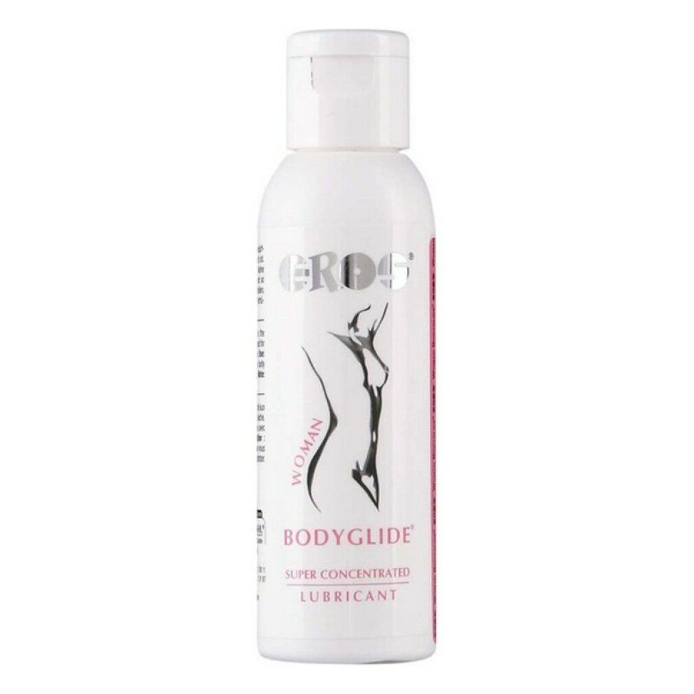 Flacone bianco con tappo a ribalta. Scritta EROS, BODYGLIDE, WOMAN, SUPER CONCENTRATED LUBRICANT. Figura femminile.