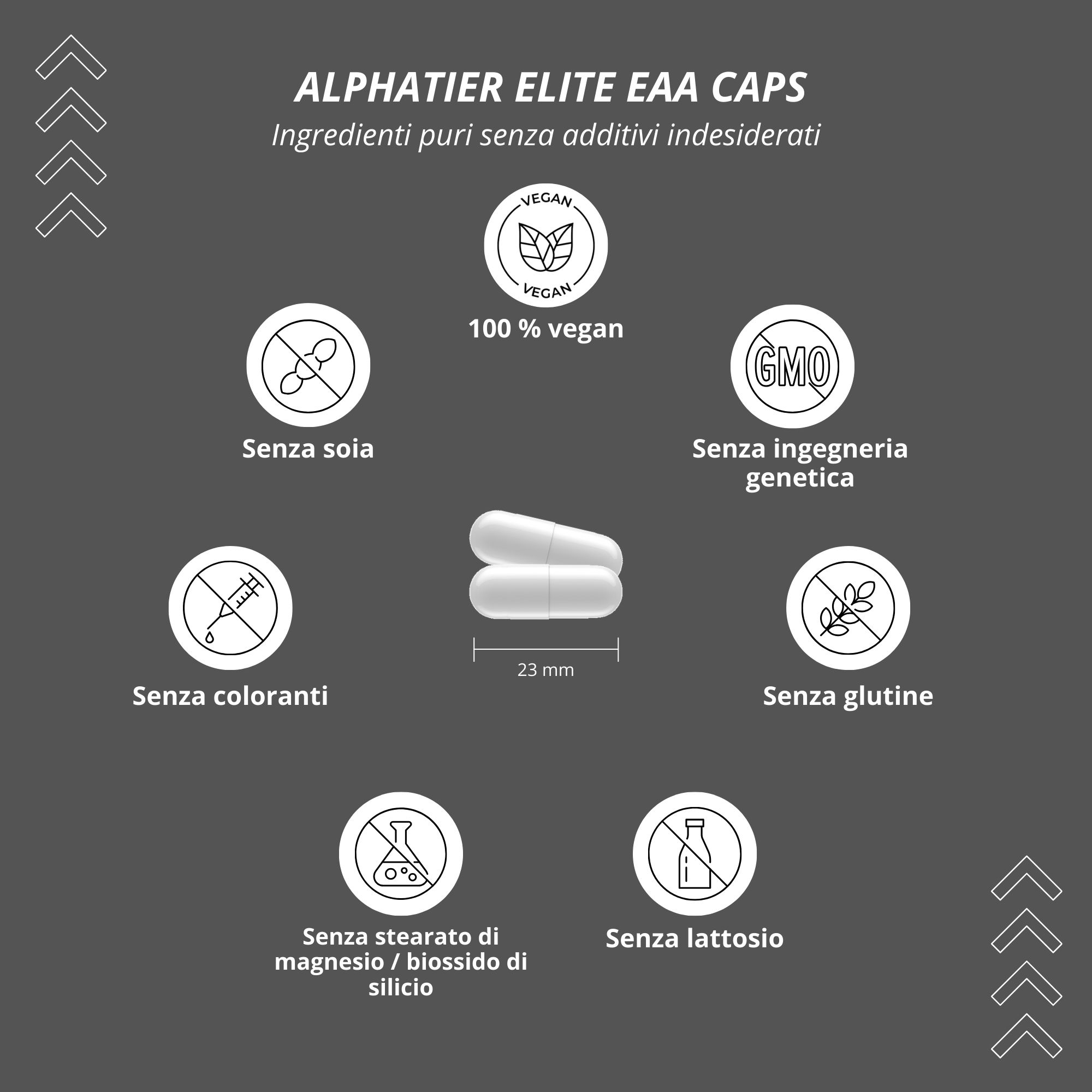 Capsule Alphatier Elite EAA: Flacone con informazioni su 360 capsule, 6g di EAA per porzione, 45 porzioni, ottimizzato con piperina.