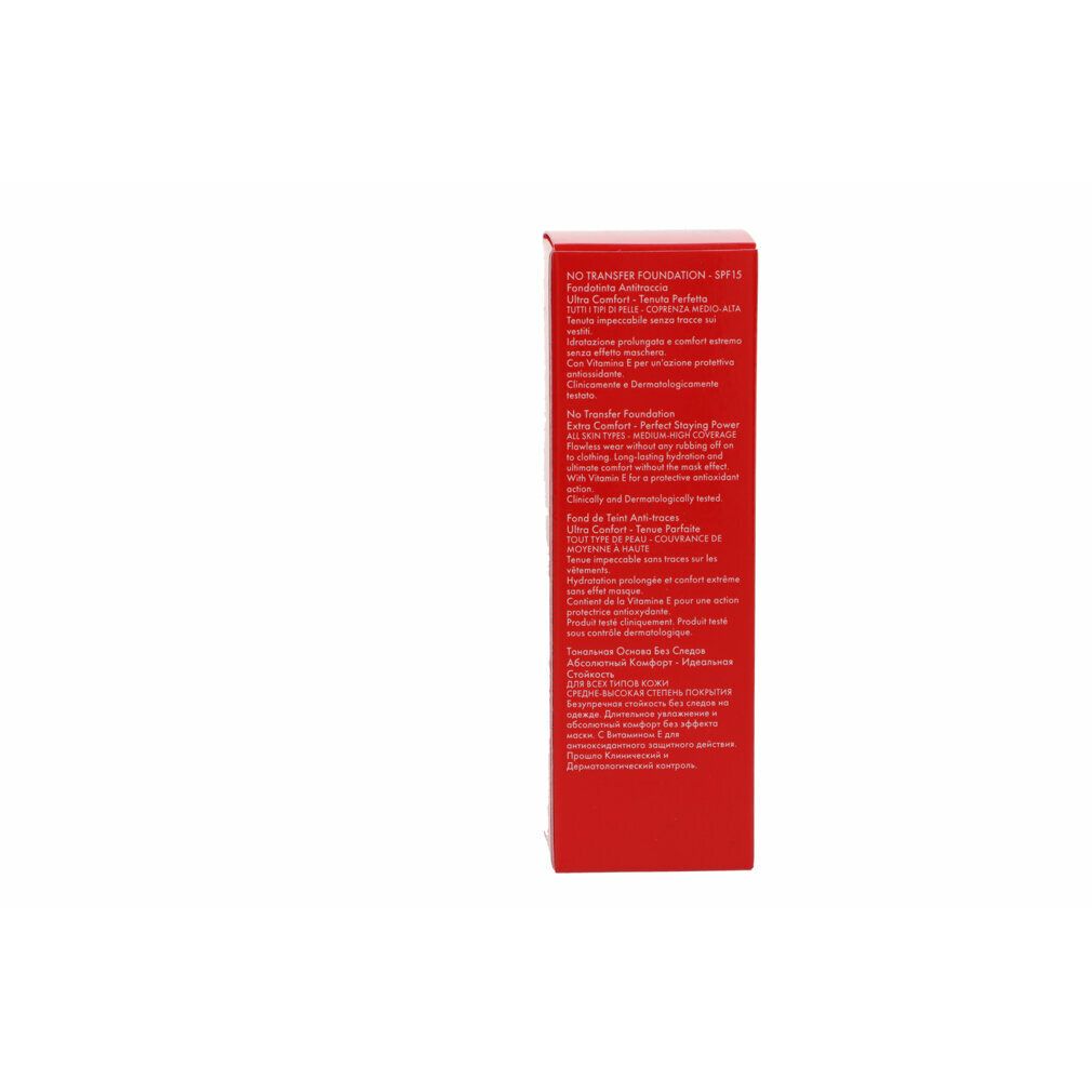 Confezione rossa con informazioni sul prodotto. Testo: No Transfer Foundation SPF15, Fondotinta Antitraccia, Ultra Comfort. Marchio Pupa.