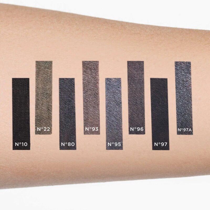 Swatch su pelle di otto diverse matite per occhi con numeri.