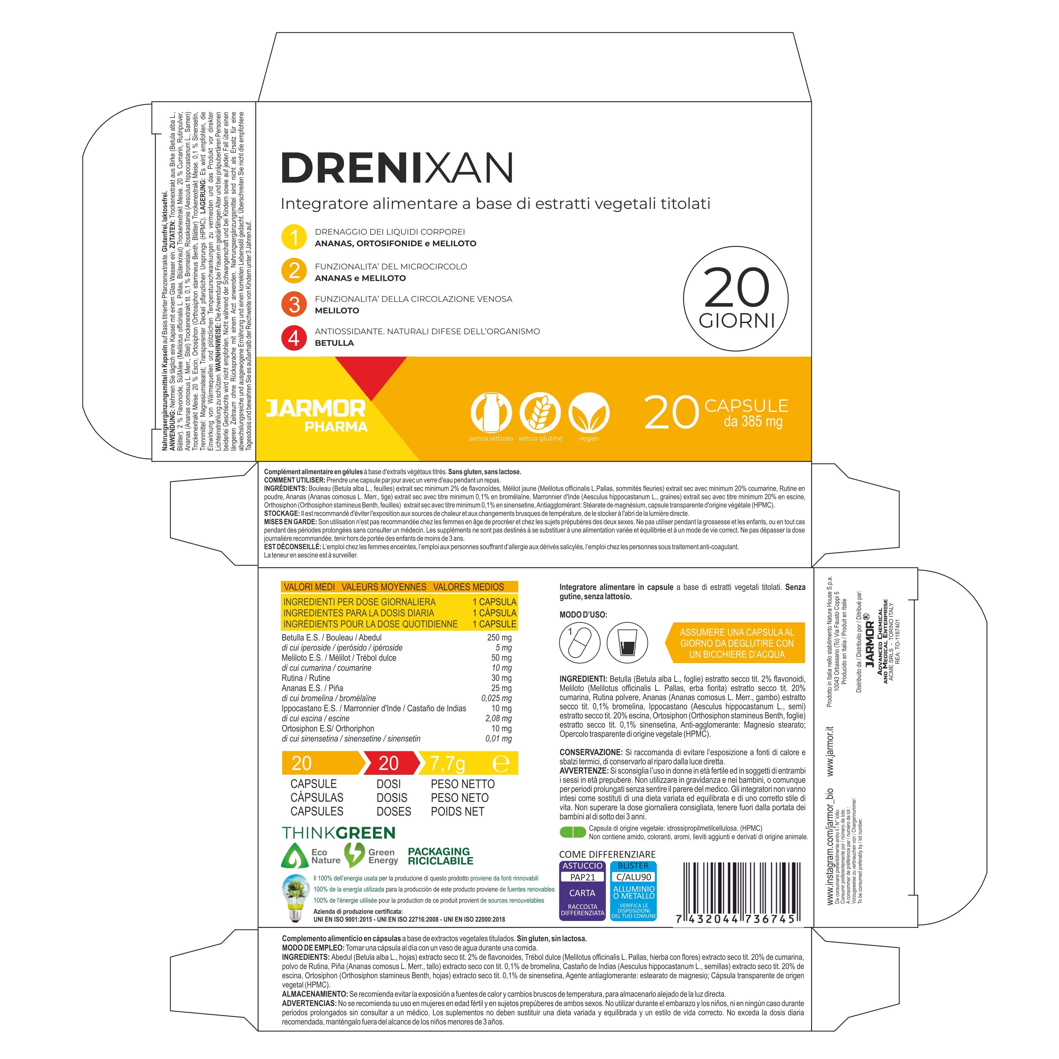 Confezione del prodotto aperta. Testo: Drenixan, 20 capsule, ingredienti, istruzioni per l'uso, informazioni sul produttore, certificazioni.