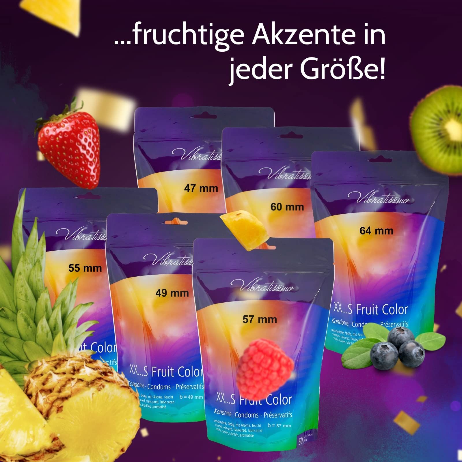 Confezioni di preservativi di varie misure (47-64 mm) con motivi di frutta colorati. Fragola, kiwi, ananas, lampone.