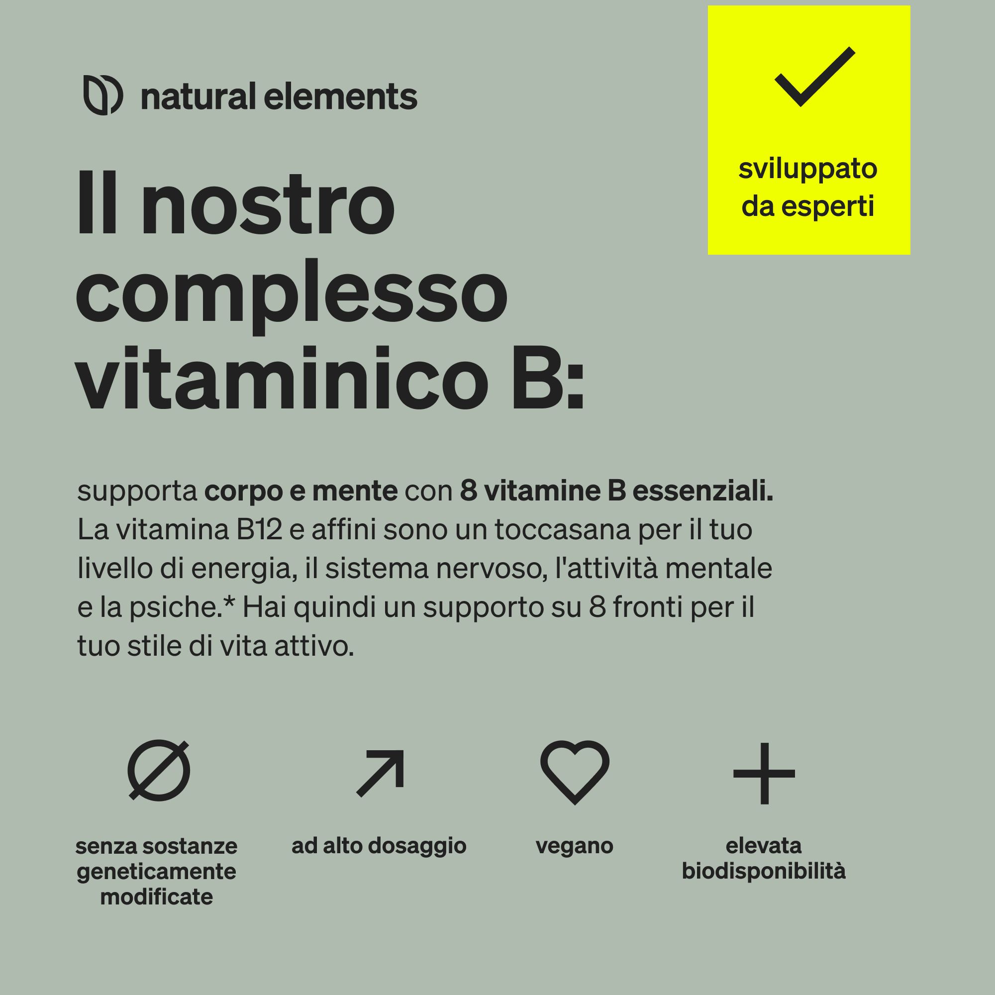 Complesso di vitamine B Natural Elements con 8 vitamine B essenziali, vegano, alta biodisponibilità.
