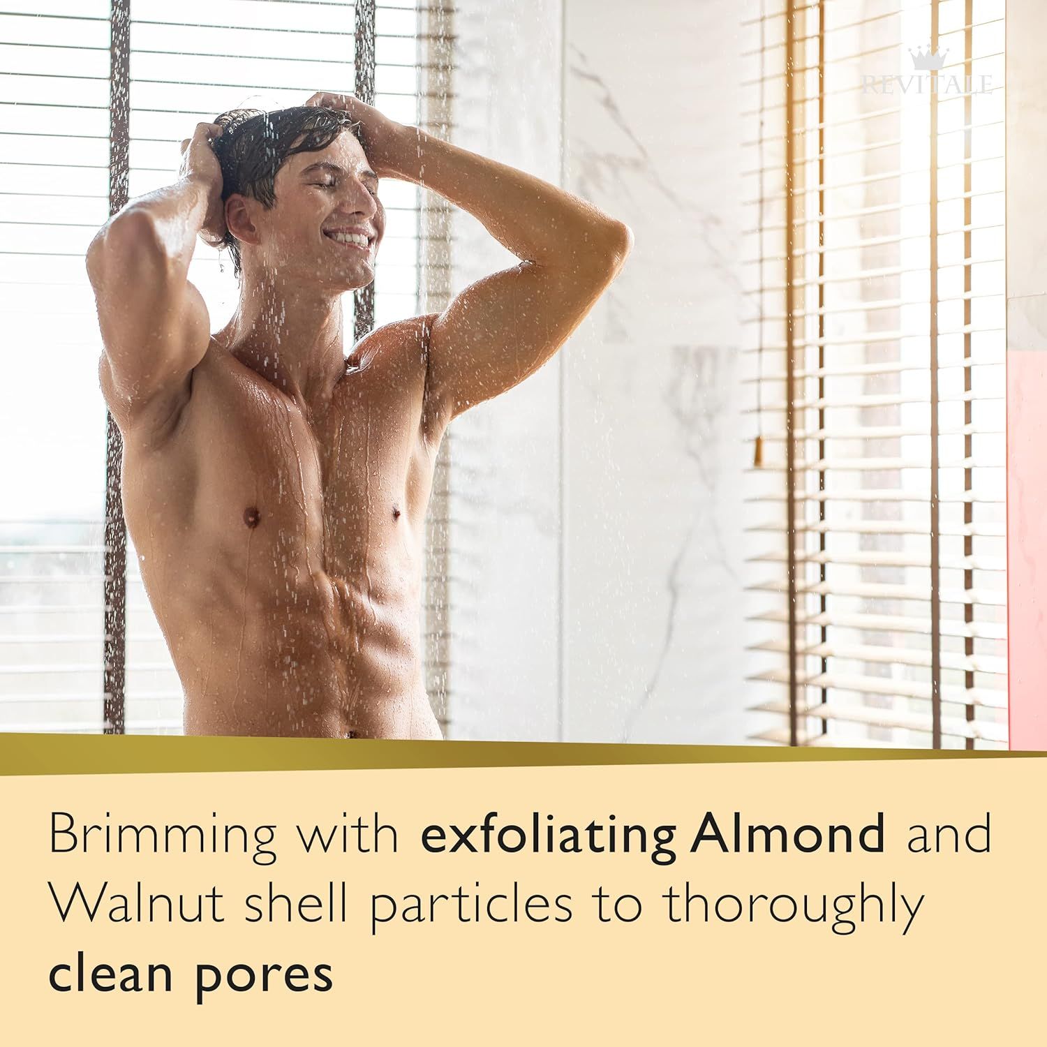 Uomo sotto la doccia. Testo: Particelle di guscio di mandorle e noci.