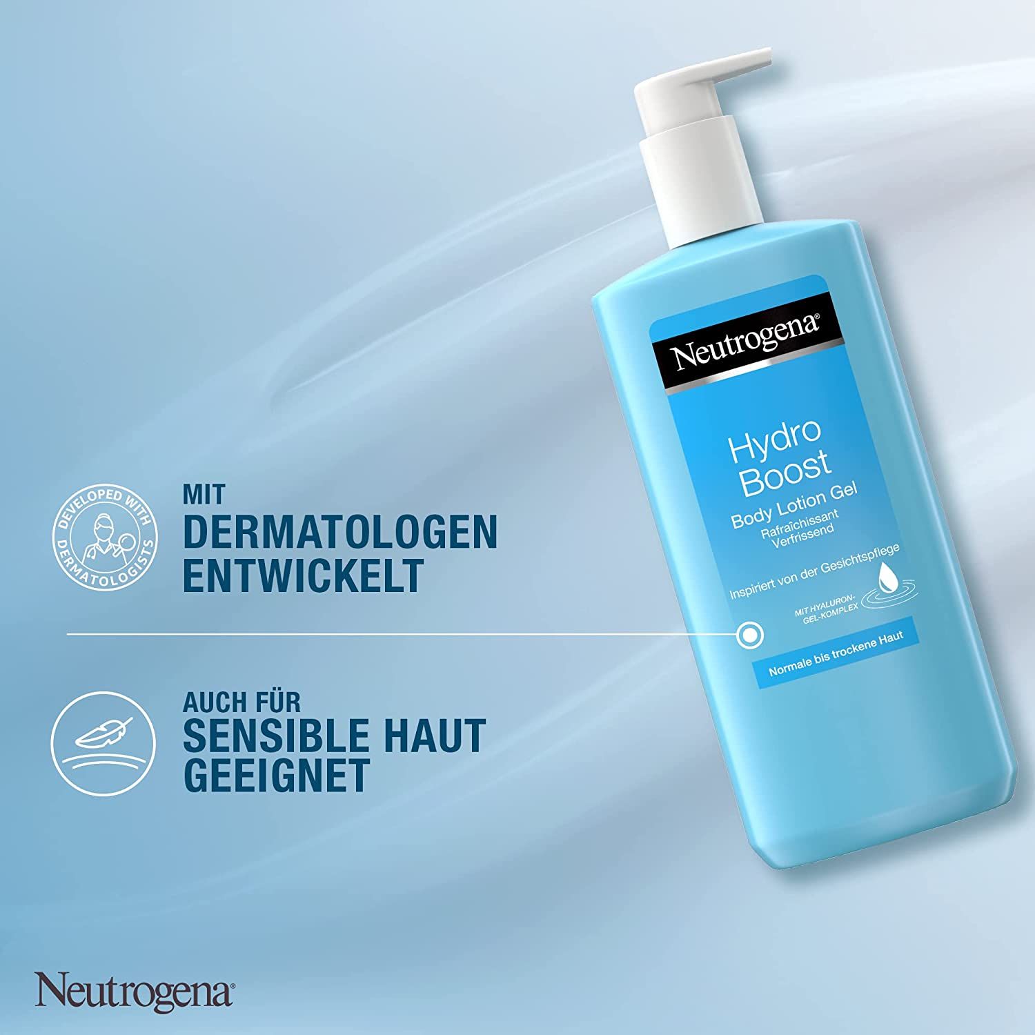 Flacone azzurro Neutrogena Hydro Boost Body Lotion Gel con dosatore. Testo: Sviluppato con dermatologi. Adatto alle pelli sensibili.