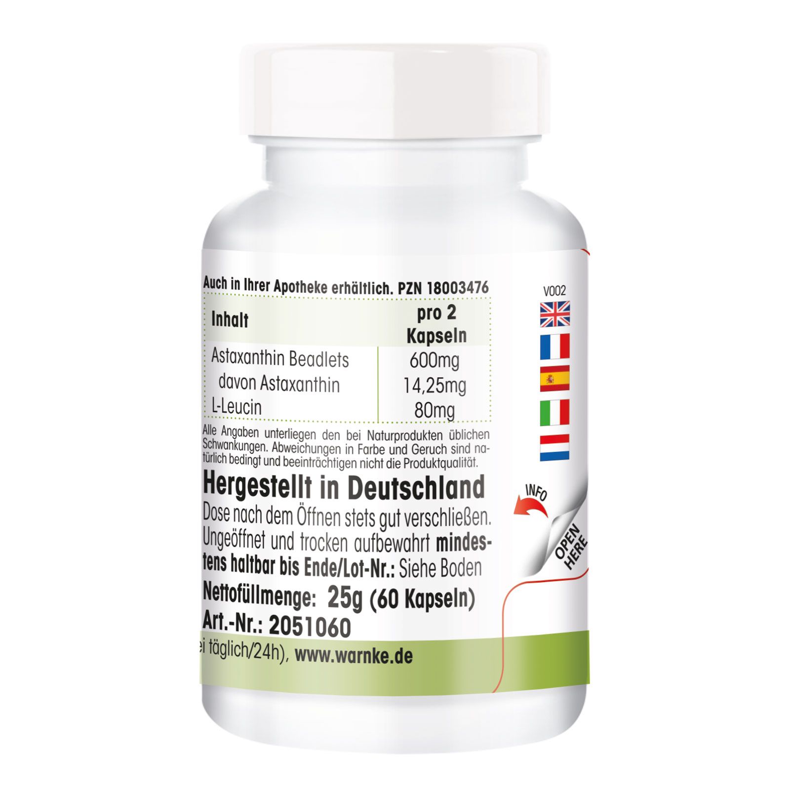 Retro del flacone. Testo: Contenuto, prodotto in Germania, peso netto 25g (60 capsule). Warnke.de.