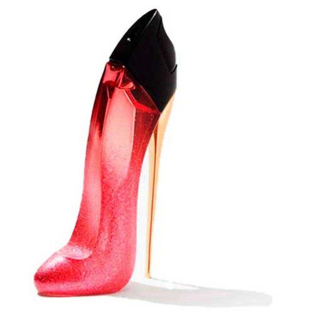 Flacone a forma di scarpa con tacco rosso, tacco nero e suola dorata. Finitura glitterata. Sfondo bianco.