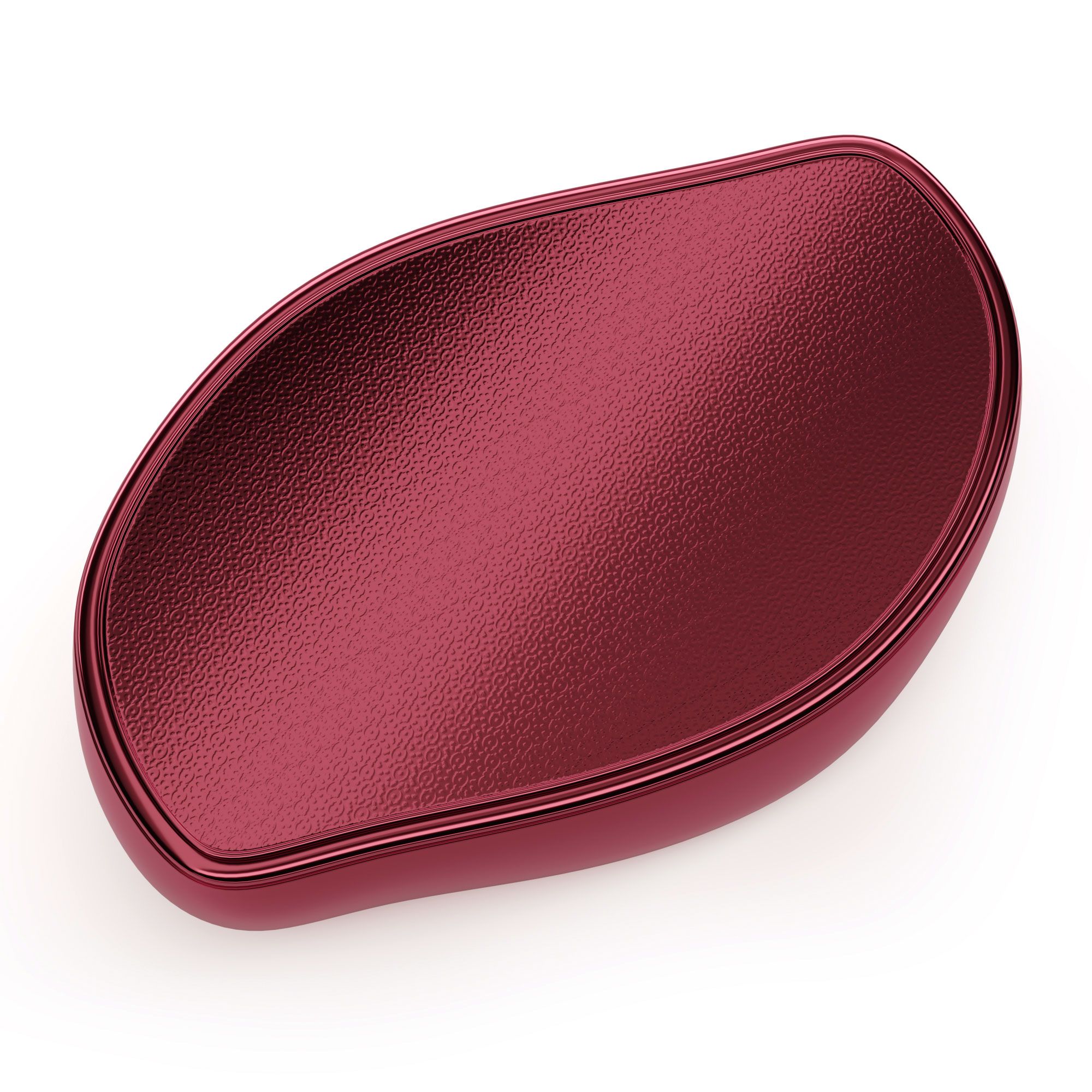 Dispositivo ovale rosso con superficie strutturata. Bordo rosso lucido.