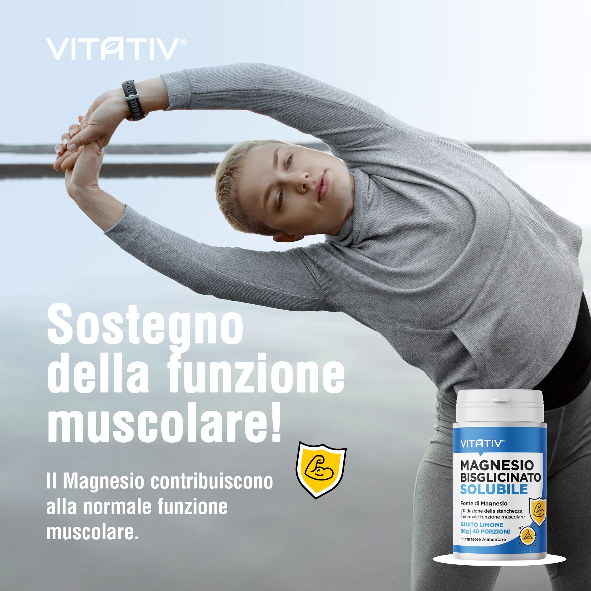 Vitativ Magnesio Bisglicinato Solubile Vaso con donna che fa stretching.