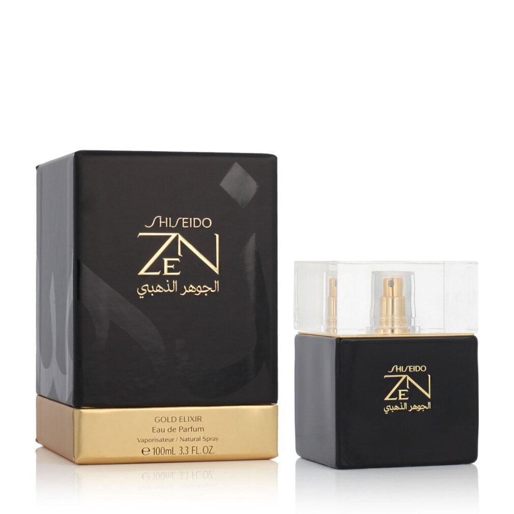 Flacone nero con vaporizzatore dorato e tappo. Confezione nera con scritta dorata. Shiseido Zen Elixir De Oro.