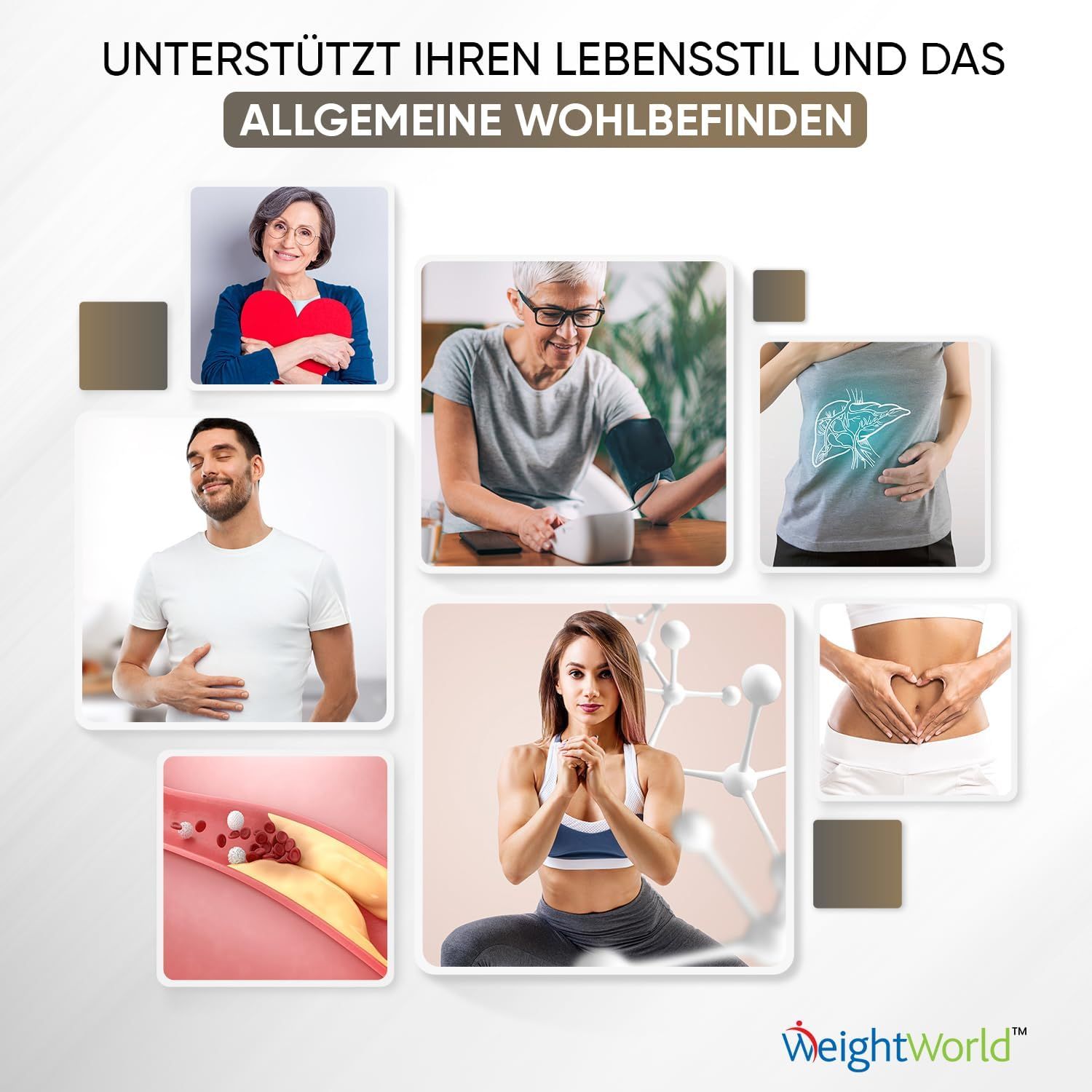 Collage di persone che si sentono bene. Immagini di persone che si prendono cura della propria salute.