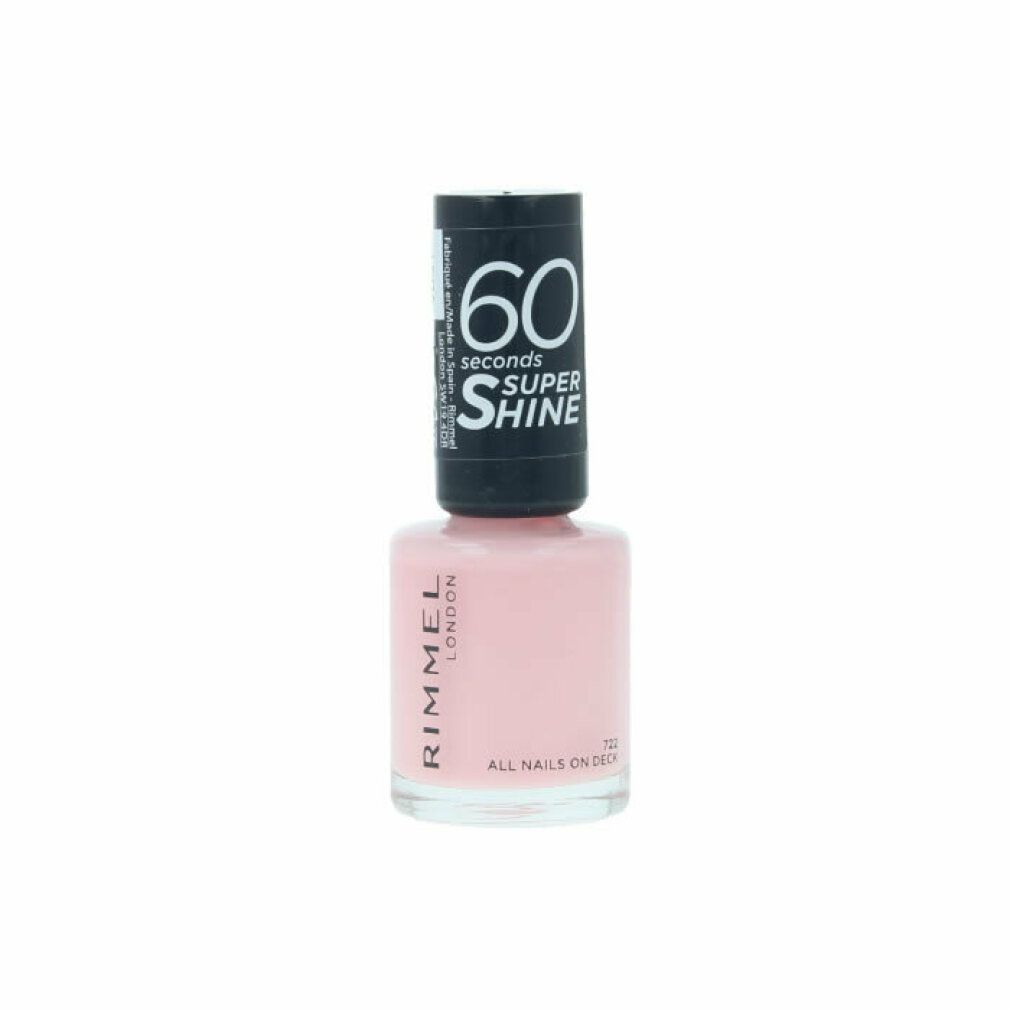 Flacone di smalto rosa. Tappo nero con scritta bianca: 60 seconds Super Shine. Scritta: Rimmel London.