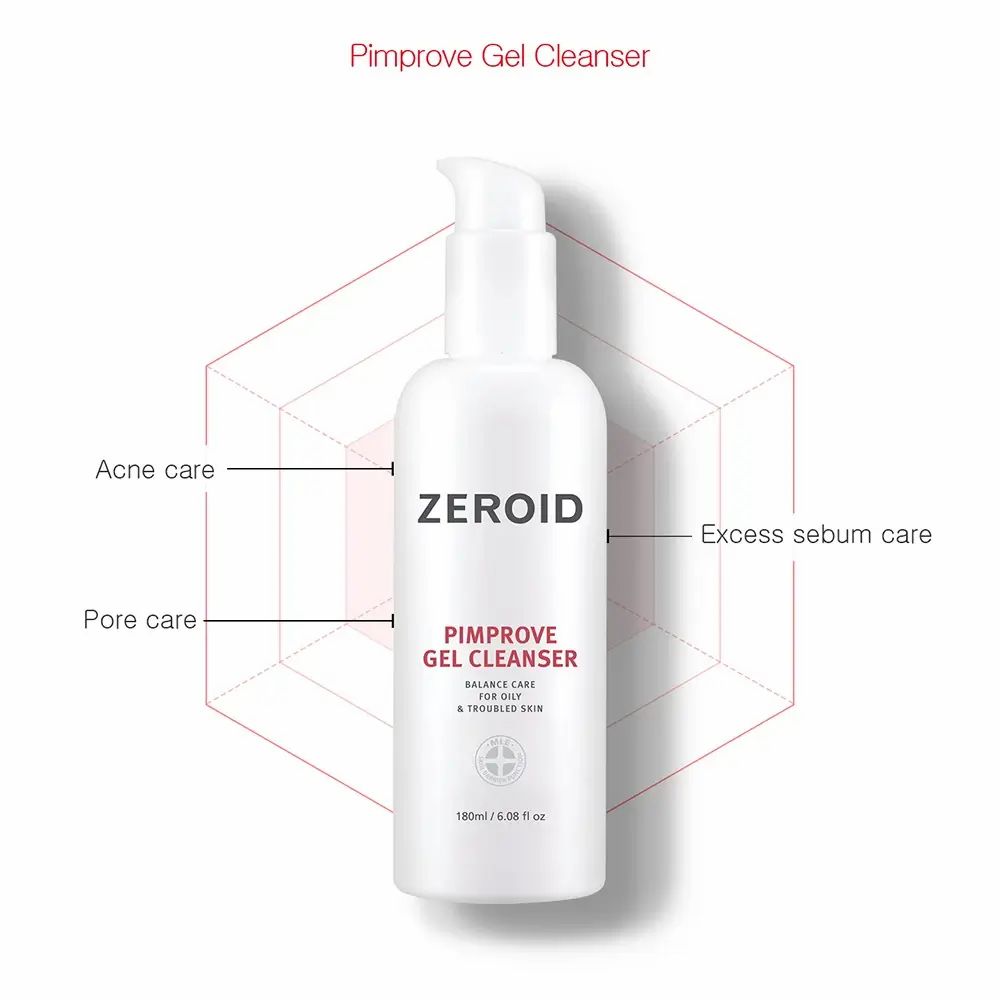 Flacone bianco ZEROID Pimprove Gel Cleanser con dosatore a pompa. Testo: Pimprove Gel Cleanser, Balance Care for Oily & Troubled Skin.