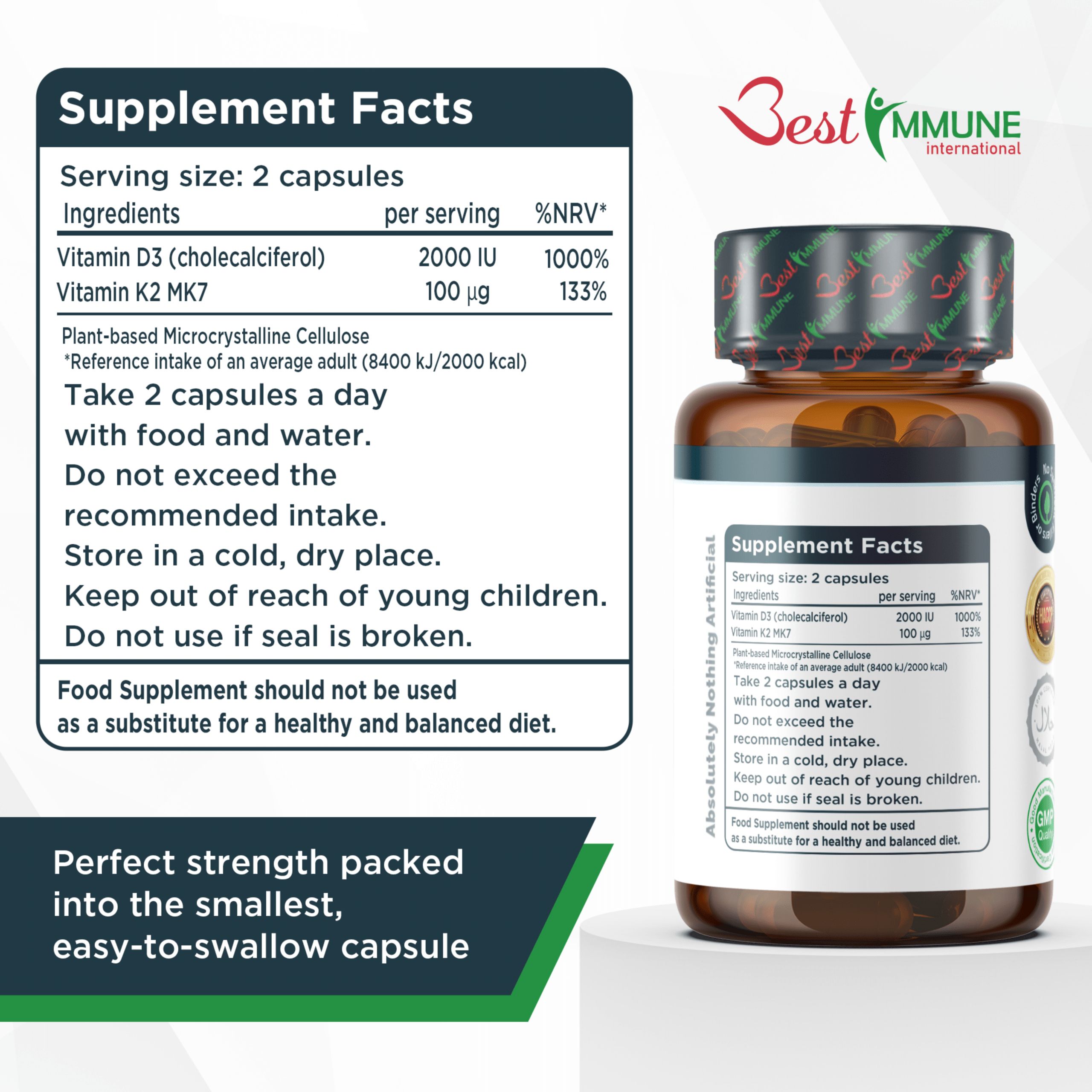 Flacone marrone con capsule. Scritta: Vitamina D3 e K2 MK7. Etichetta con informazioni nutrizionali. Marchio: Best Immune.