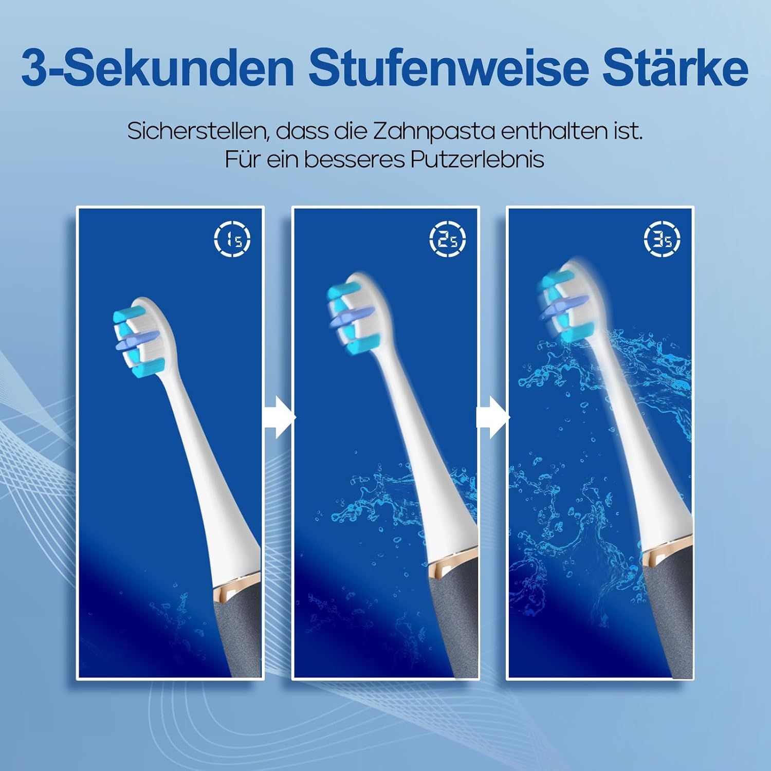 Spazzolino elettrico con tre livelli di potenza per applicare il dentifricio.