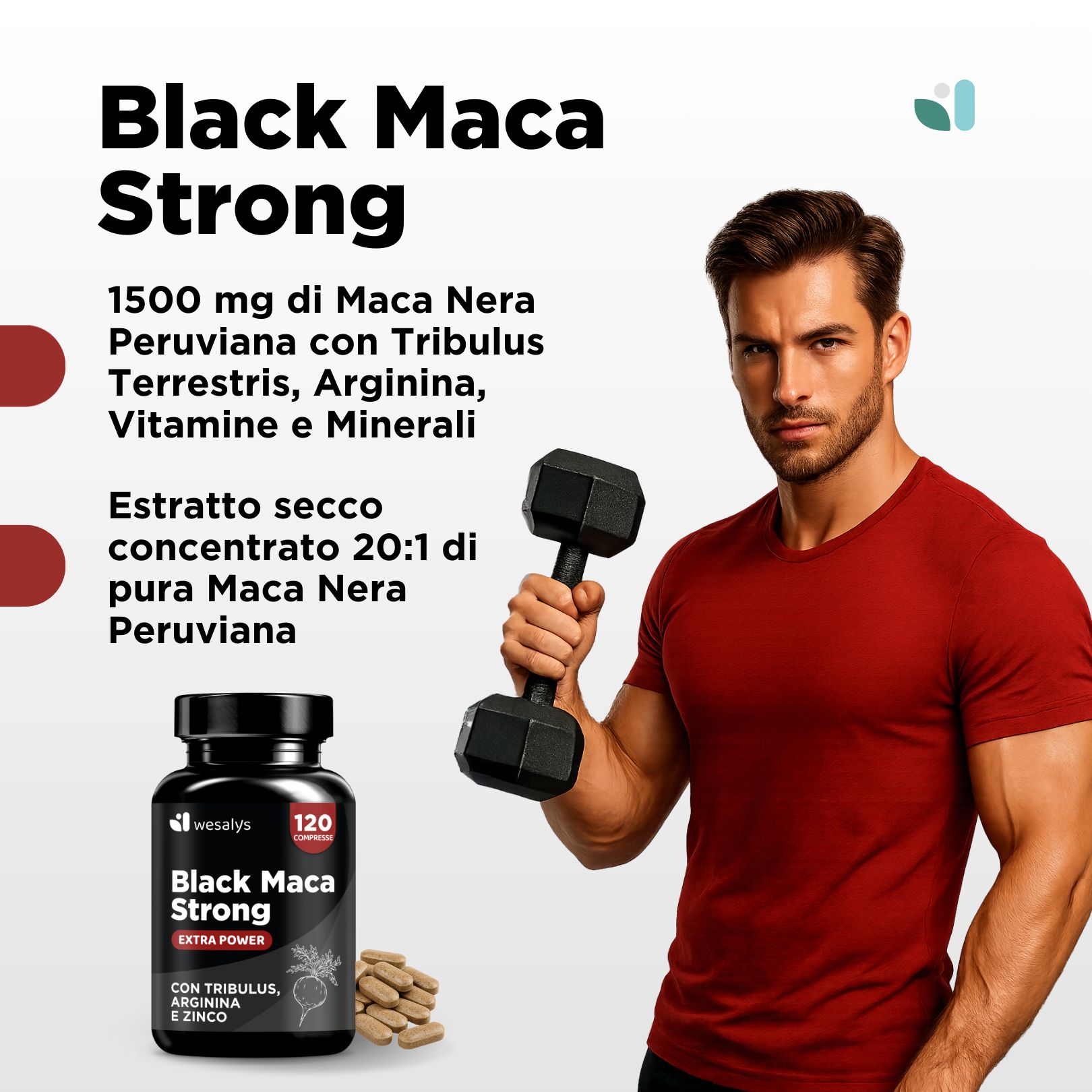 Uomo con manubrio. Testo: Black Maca Strong. Flacone di compresse. Ingredienti.