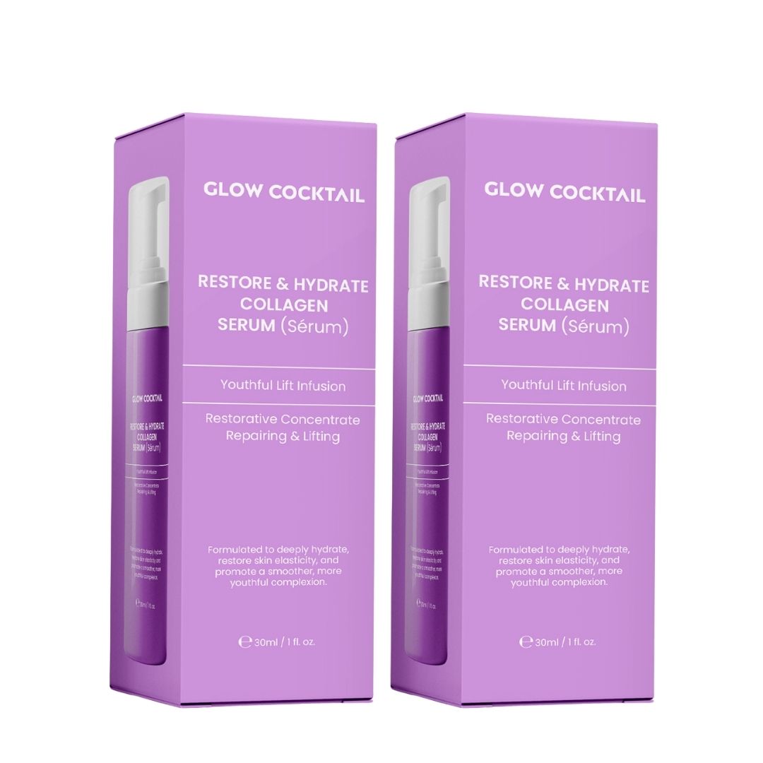 Due scatole viola con flaconi a pompa bianchi. Testo: Glow Cocktail, Restore & Hydrate Collagen Serum. Youthful Lift Infusion.