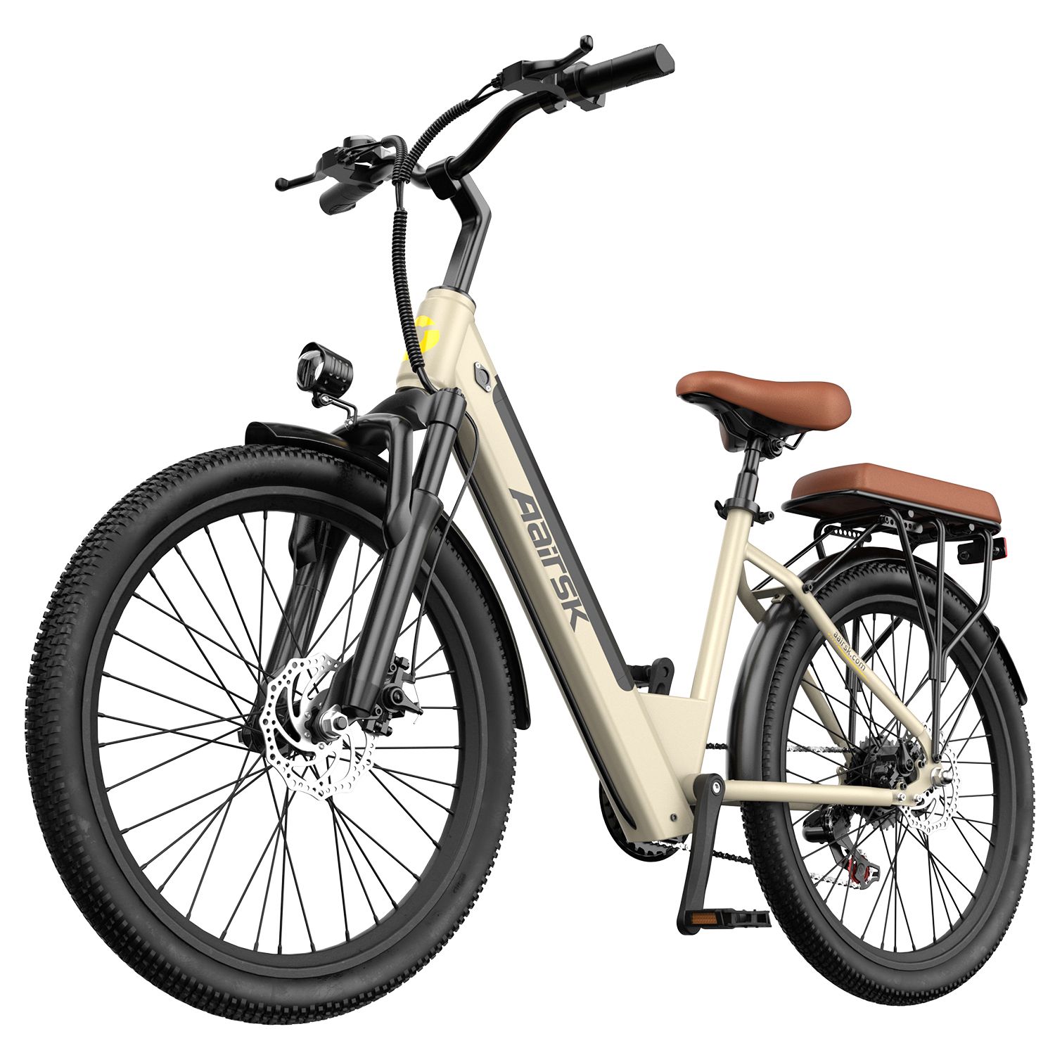 Bicicletta elettrica beige con pneumatici e dettagli neri. Portapacchi, sella marrone. Marchio Aairsk.