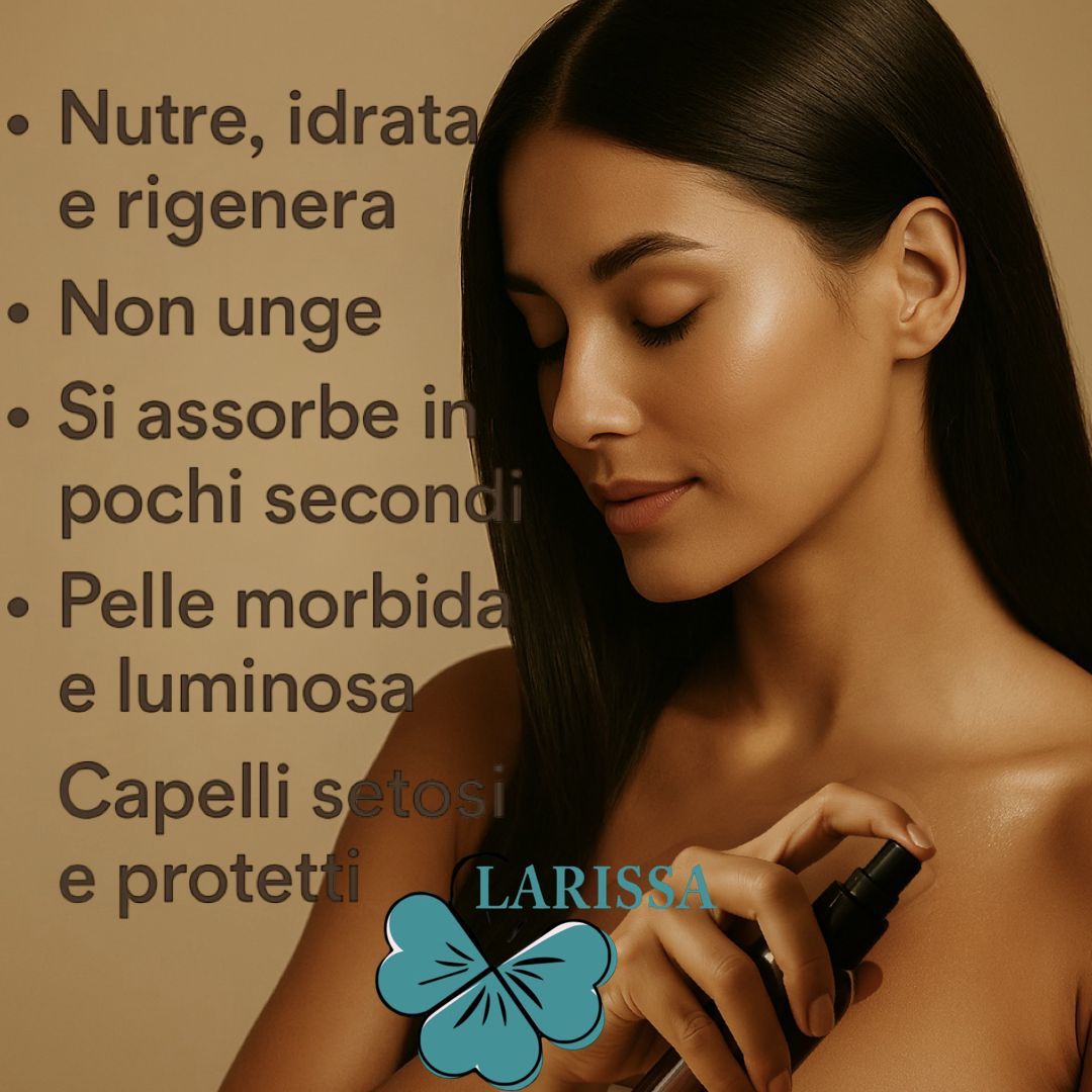 Donna che spruzza olio sulla pelle. Testo: Larissa, Royal Moon, Natural Dry Oil, cura corpo e capelli.