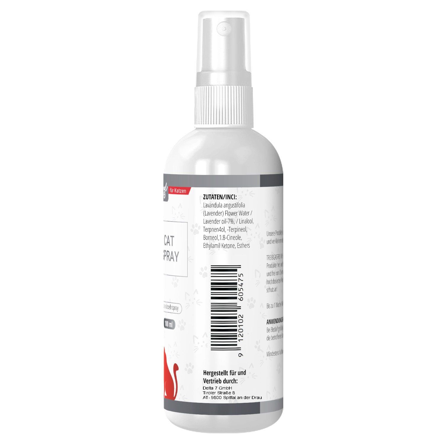 Retro del flacone spray bianco. Testo e codice a barre. "CAT SPRAY". Sagoma di gatto rosso. Logo "Animal Pro".
