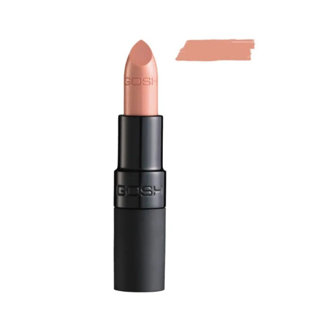 Rossetto rosa chiaro. Contenitore nero con logo GOSH. Campione di colore accanto.