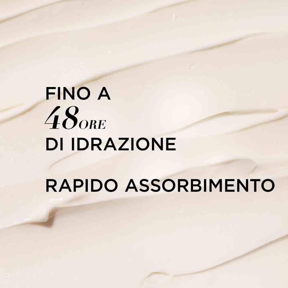 Testo su sfondo color crema. Testo: Fino a 48 ore di idratazione. Rapido assorbimento.