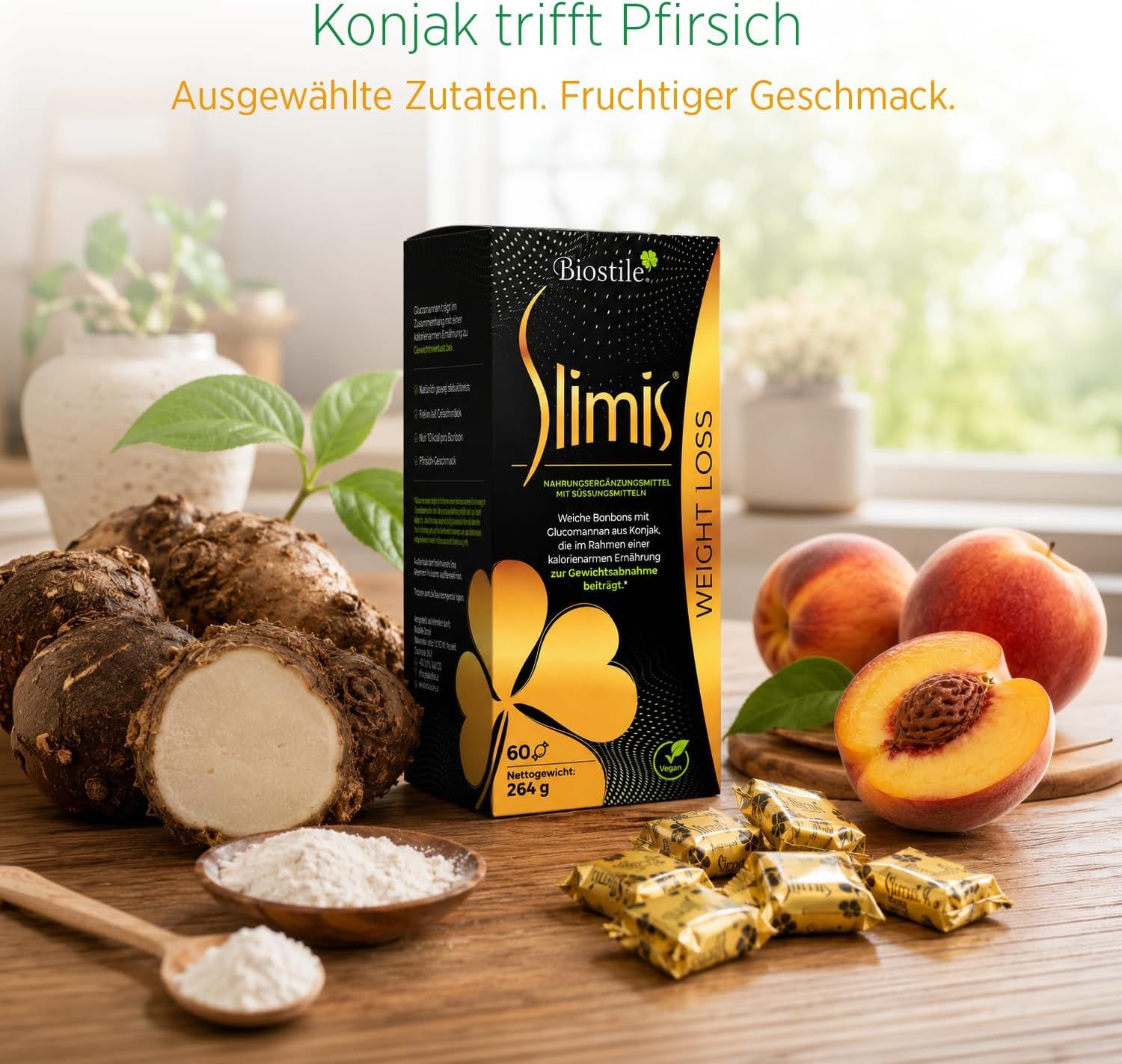 Biostile Slimis, radice di konjac, pesche, caramelle.