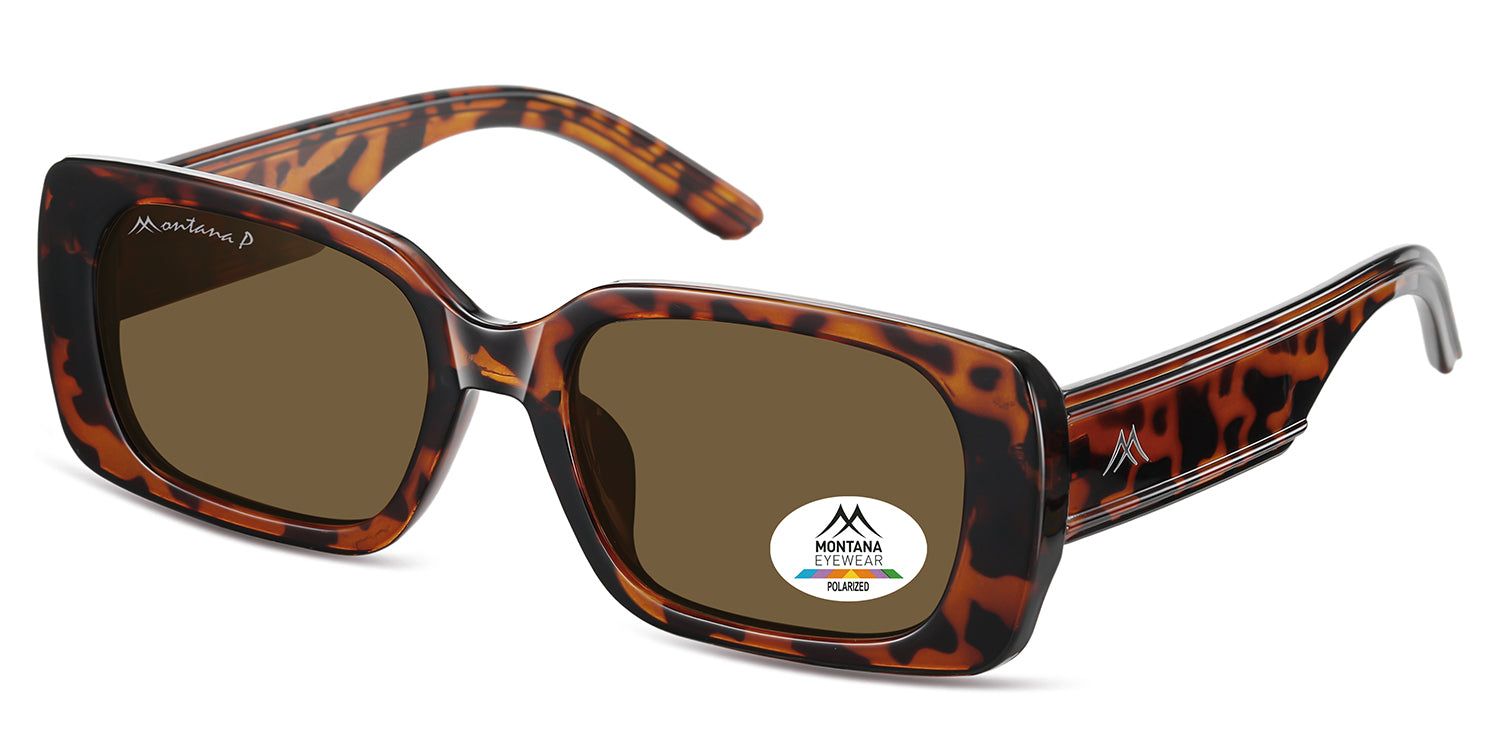 Occhiali da sole marroni con montatura marrone fantasia. Logo Montana Eyewear sulla lente e sull'asta.